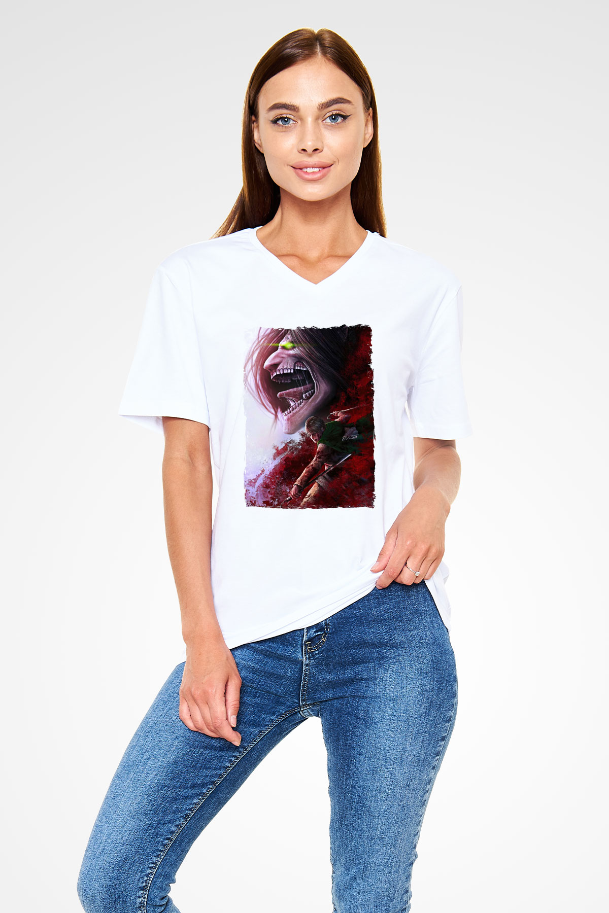 Attack On Titan Baskılı Beyaz Unisex V Yaka Tişört - Tshirt