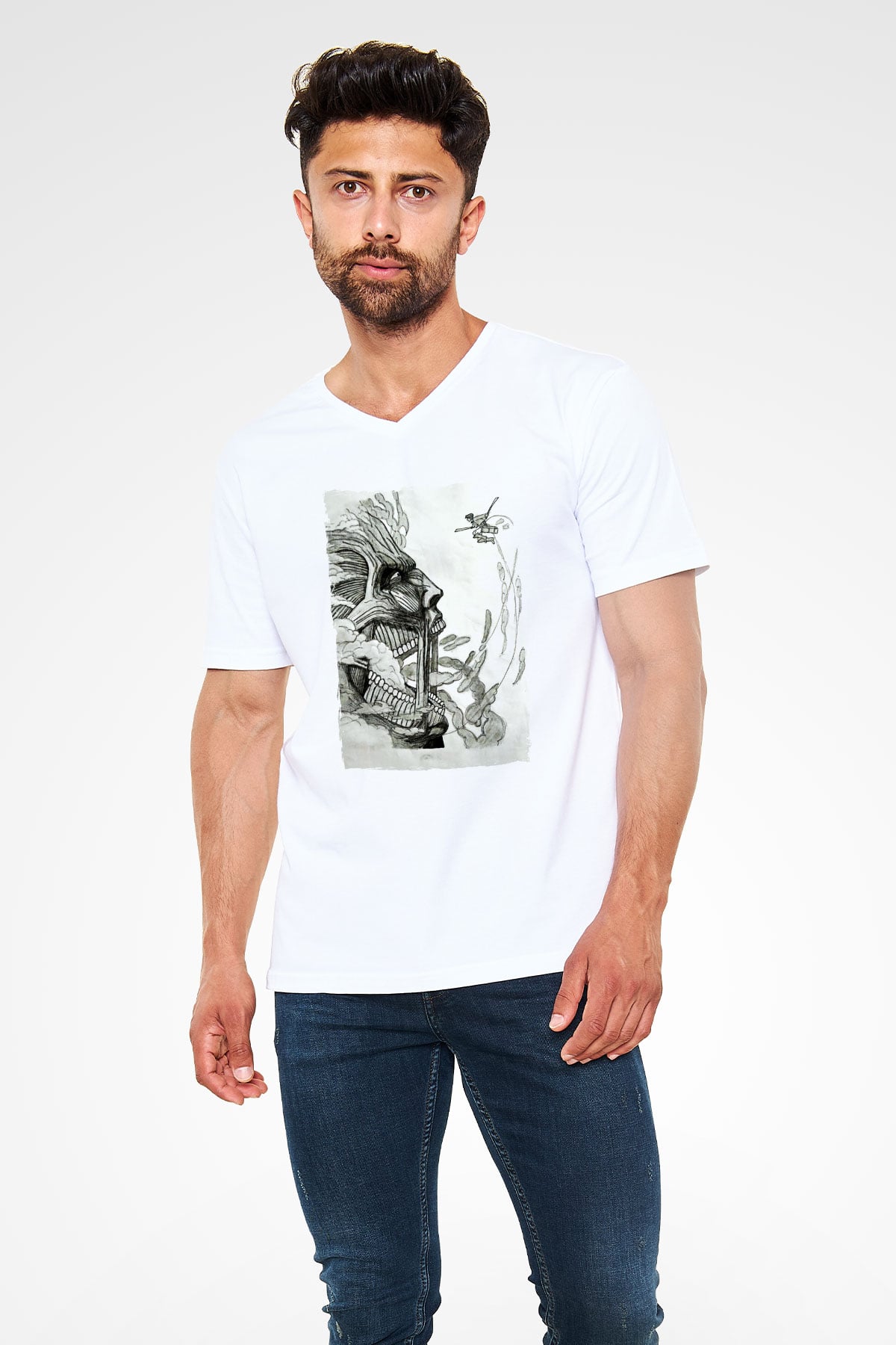 Attack On Titan Baskılı Beyaz Unisex V Yaka Tişört - Tshirt