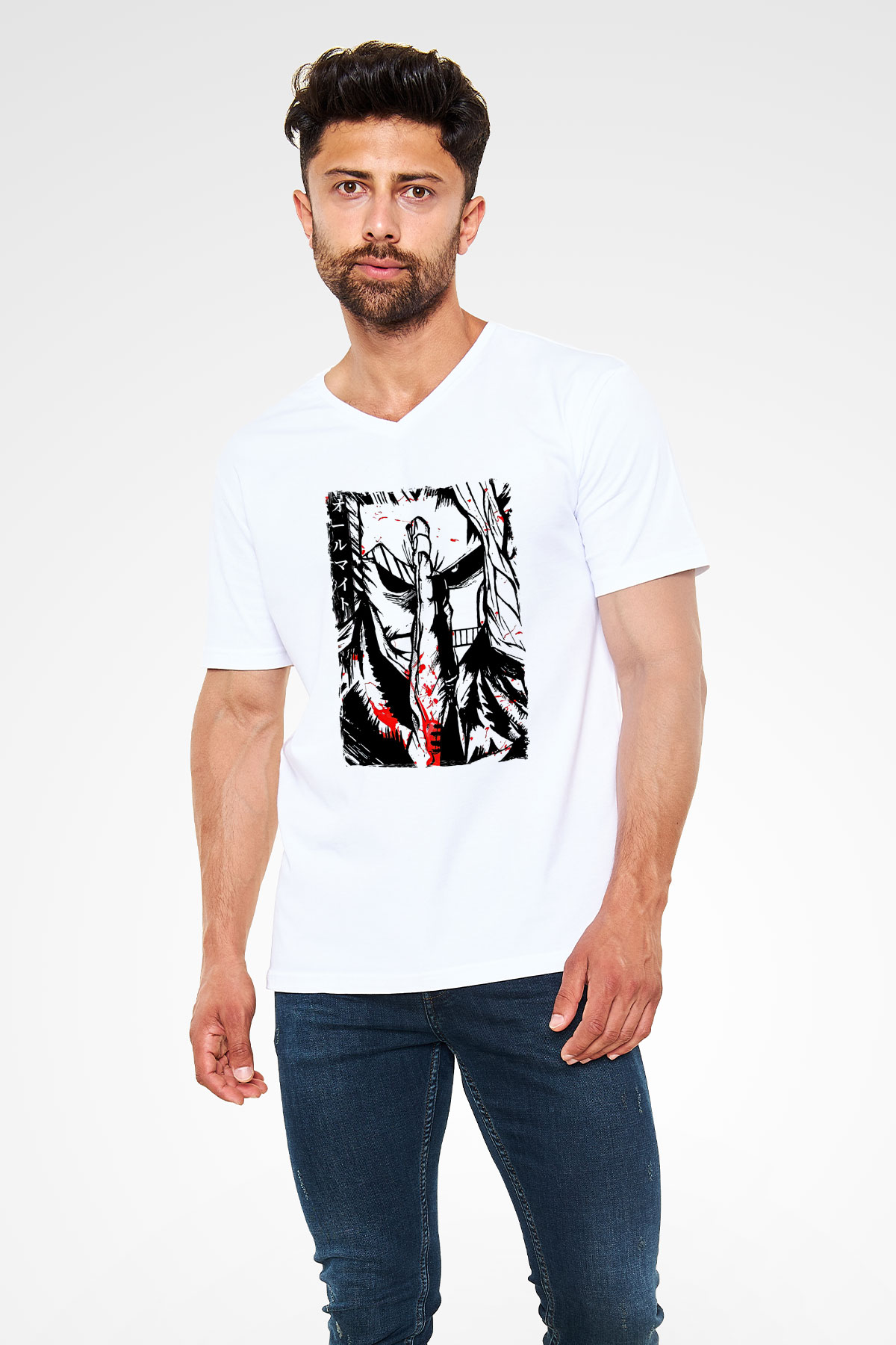 Attack On Titan Baskılı Beyaz Unisex V Yaka Tişört - Tshirt