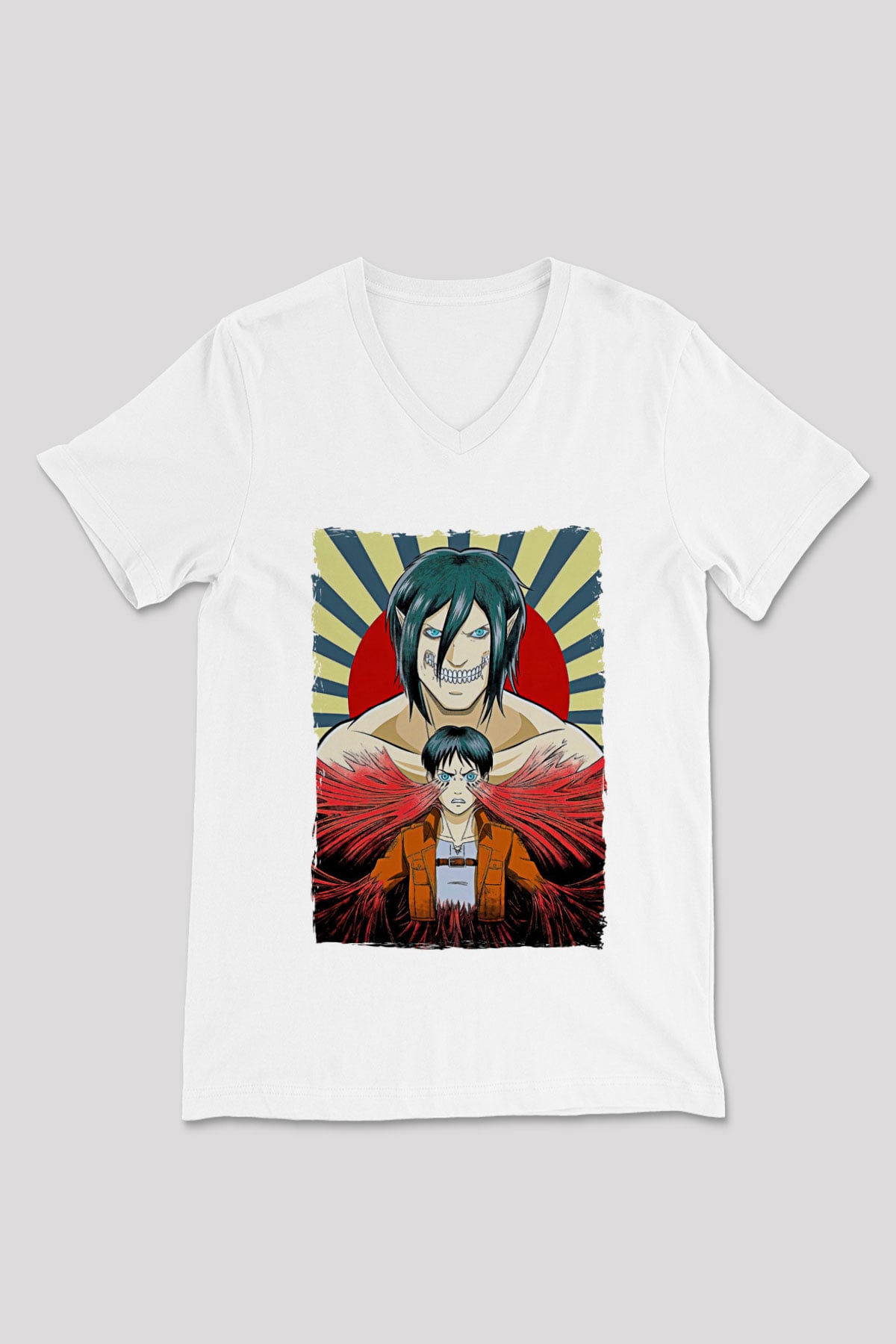 Attack On Titan Baskılı Beyaz Unisex V Yaka Tişört - Tshirt