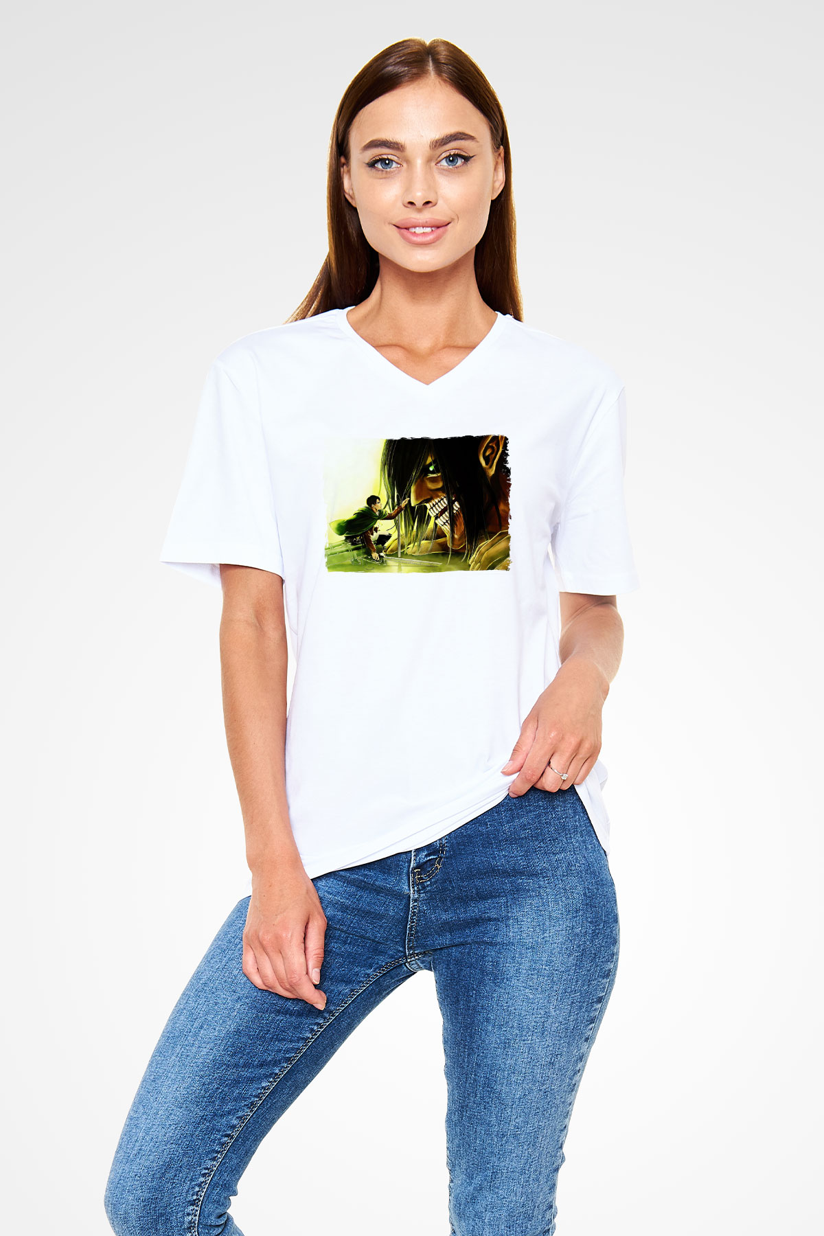 Attack On Titan Baskılı Beyaz Unisex V Yaka Tişört - Tshirt