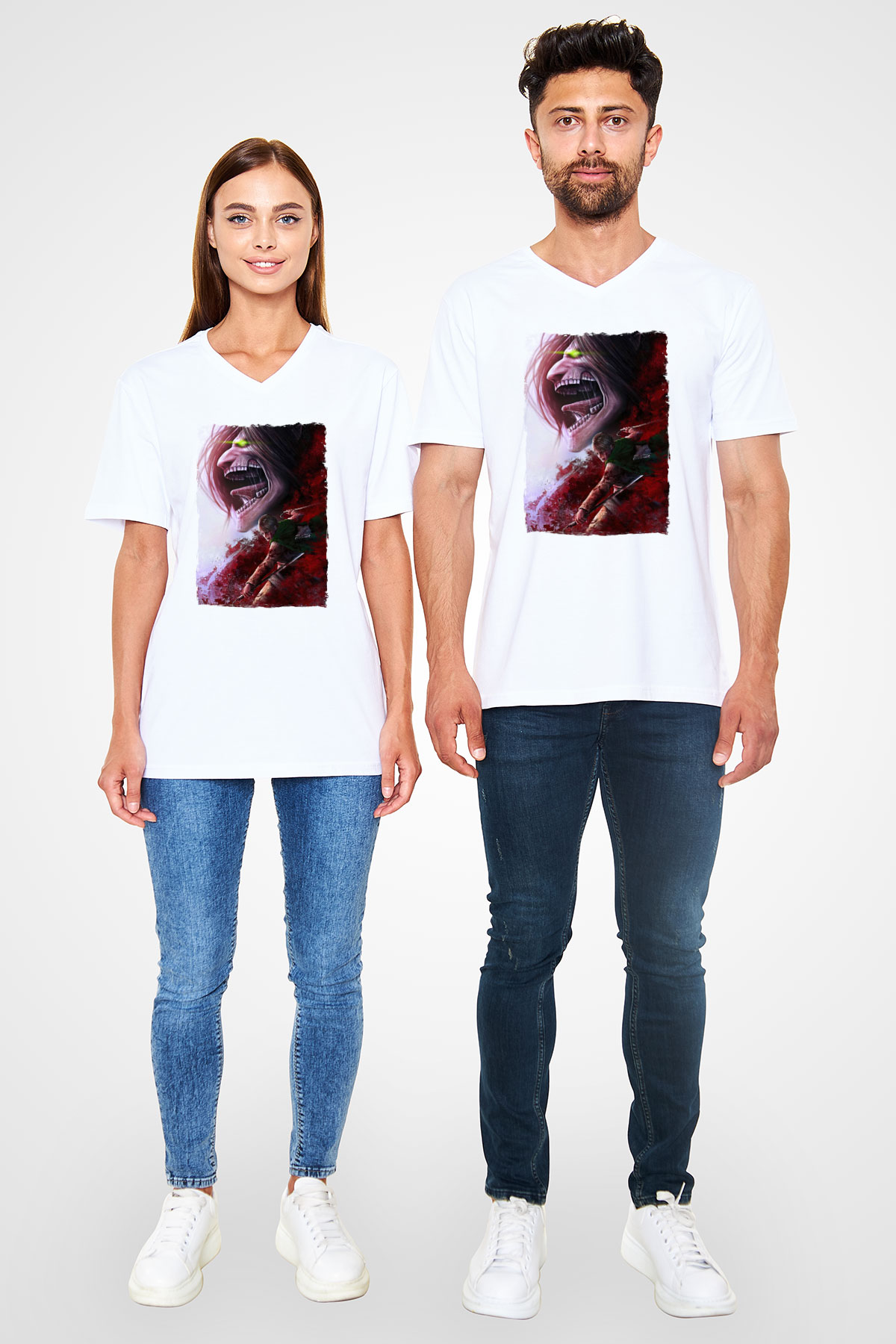Attack On Titan Baskılı Beyaz Unisex V Yaka Tişört - Tshirt