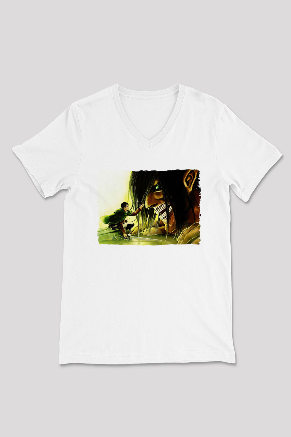 Attack On Titan Baskılı Beyaz Unisex V Yaka Tişört - Tshirt