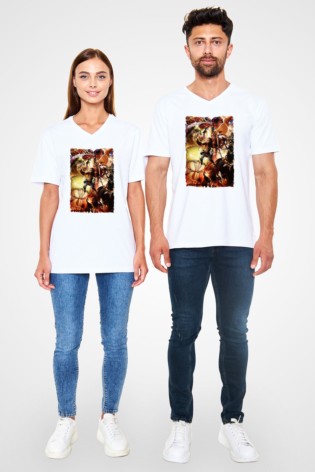 Attack On Titan Baskılı Beyaz Unisex V Yaka Tişört - Tshirt