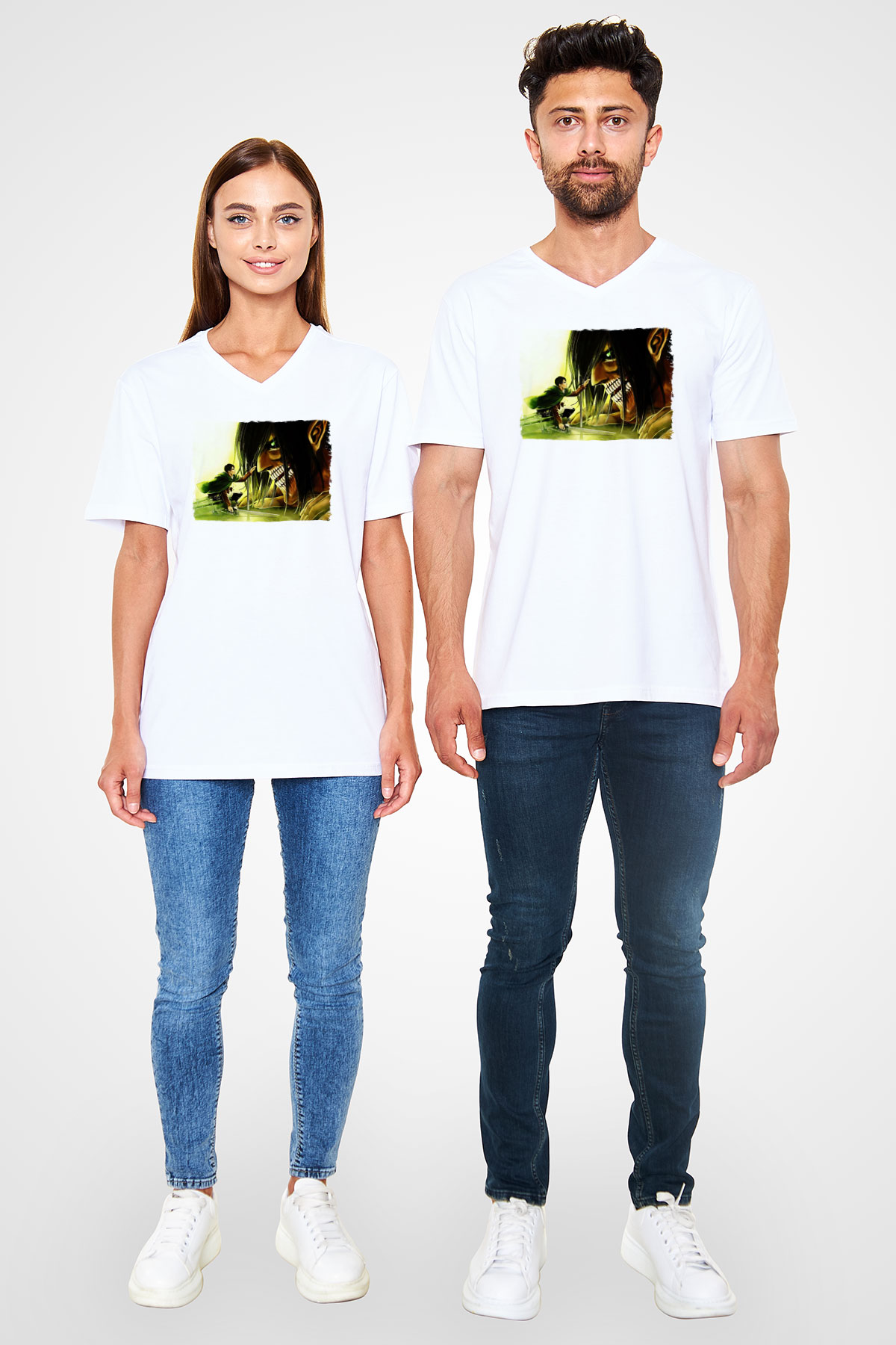 Attack On Titan Baskılı Beyaz Unisex V Yaka Tişört - Tshirt
