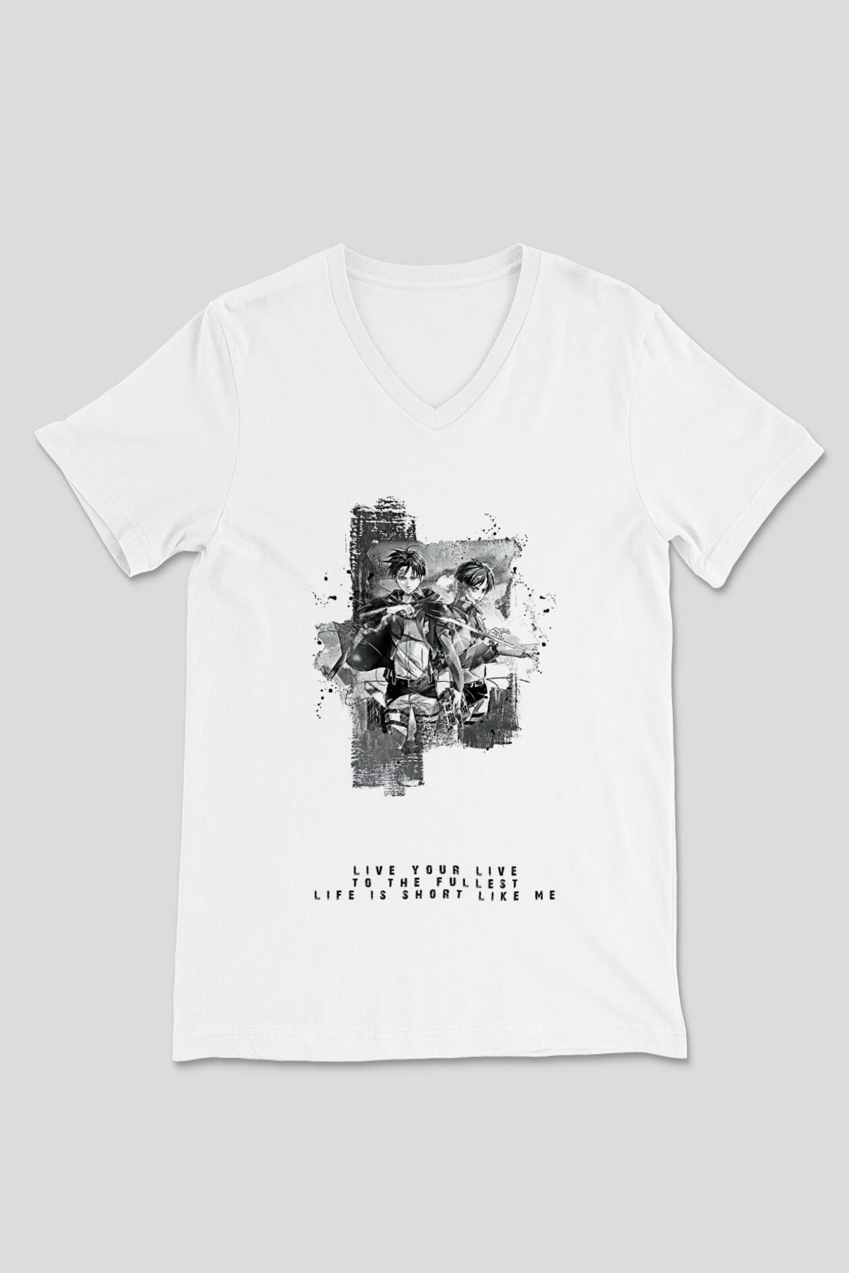 Attack On Titan Baskılı Beyaz Unisex V Yaka Tişört - Tshirt