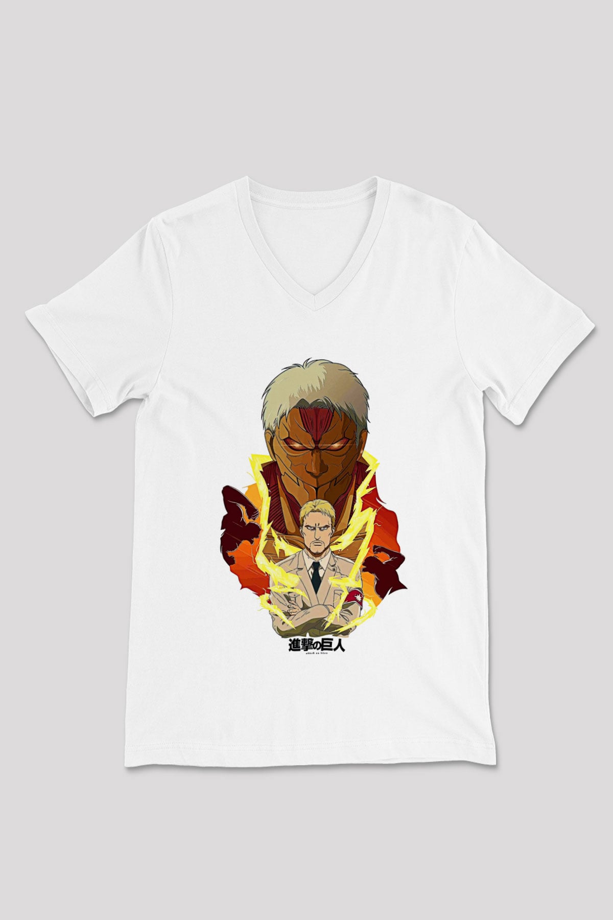 Attack On Titan Baskılı Beyaz Unisex V Yaka Tişört - Tshirt