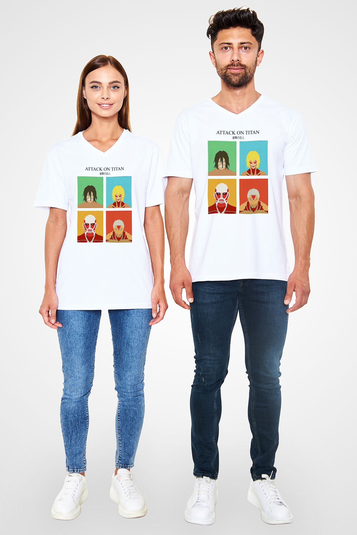 Attack On Titan Baskılı Beyaz Unisex V Yaka Tişört - Tshirt