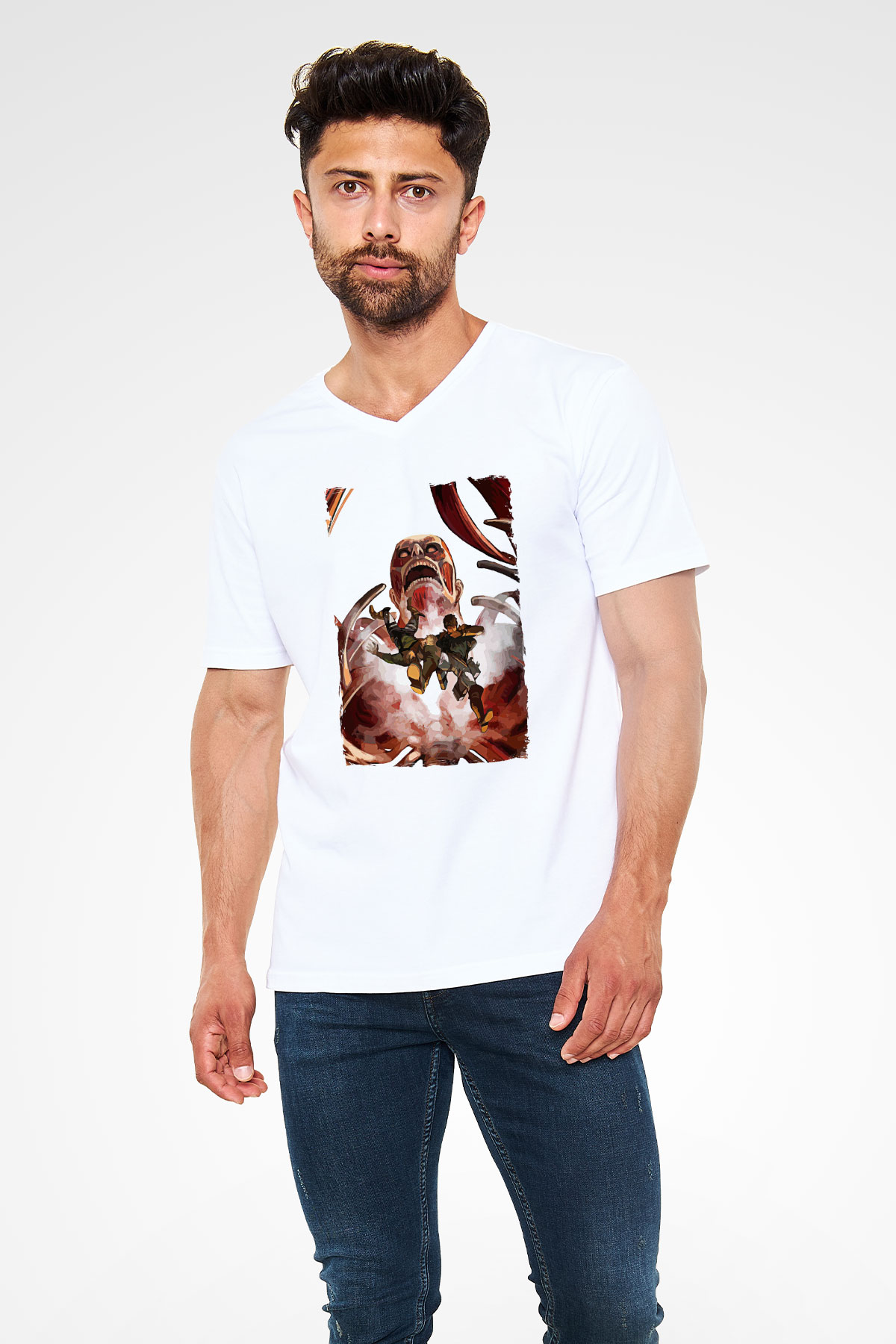 Attack On Titan Baskılı Beyaz Unisex V Yaka Tişört - Tshirt