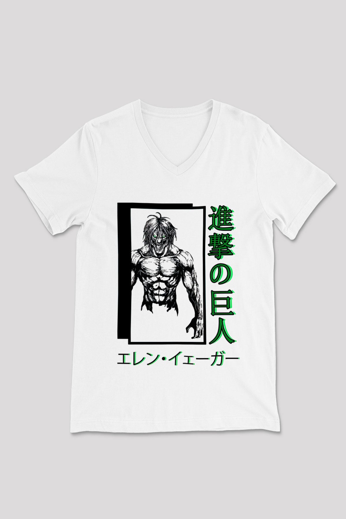 Attack On Titan Baskılı Beyaz Unisex V Yaka Tişört - Tshirt
