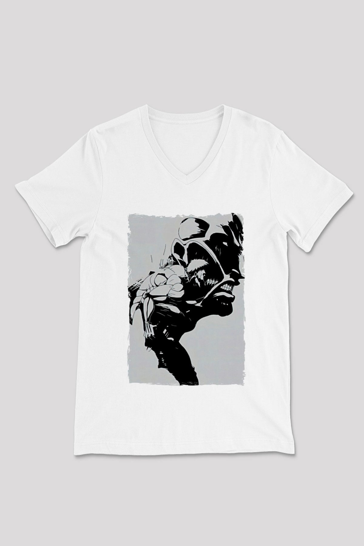 Attack On Titan Baskılı Beyaz Unisex V Yaka Tişört - Tshirt