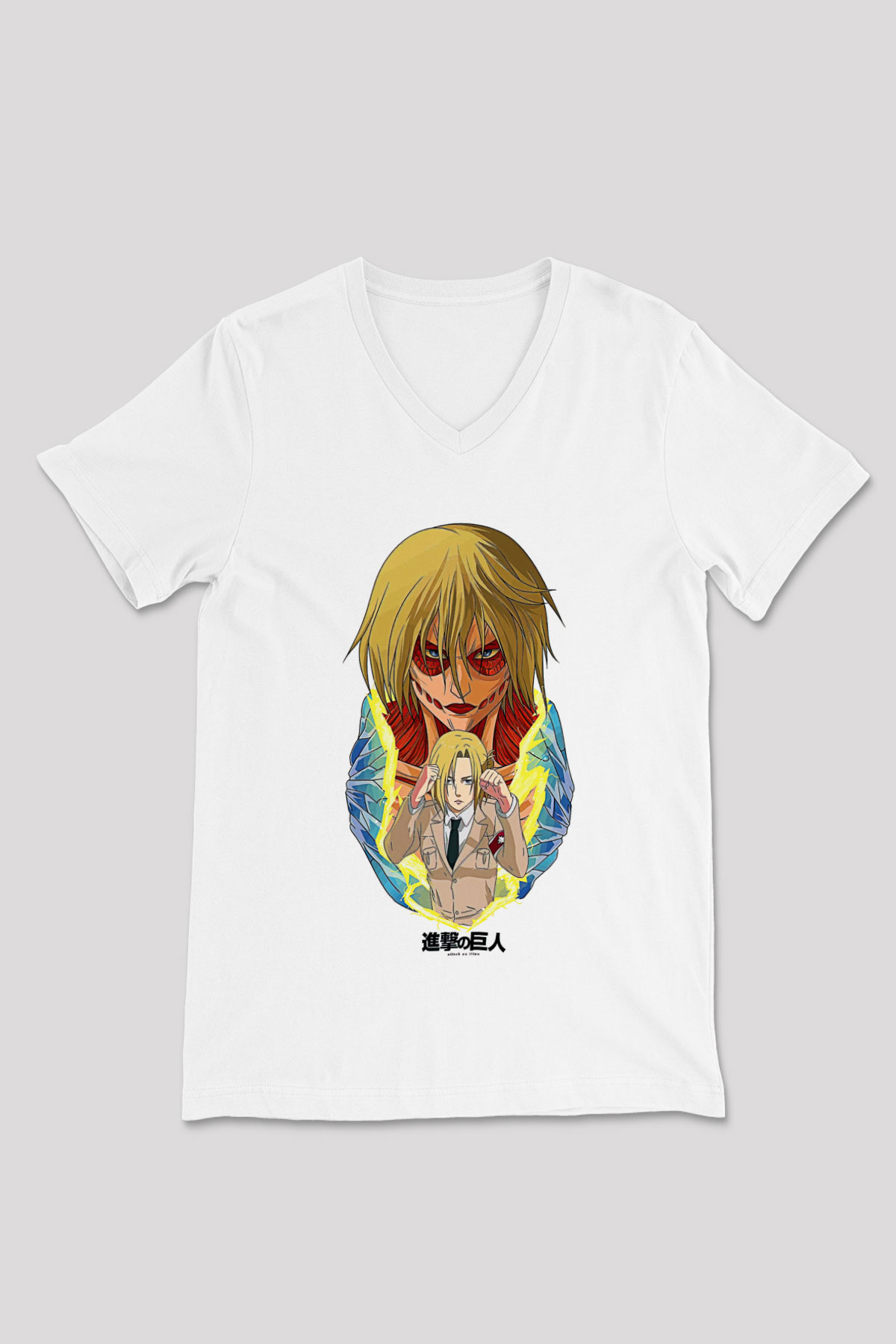 Attack On Titan Baskılı Beyaz Unisex V Yaka Tişört - Tshirt
