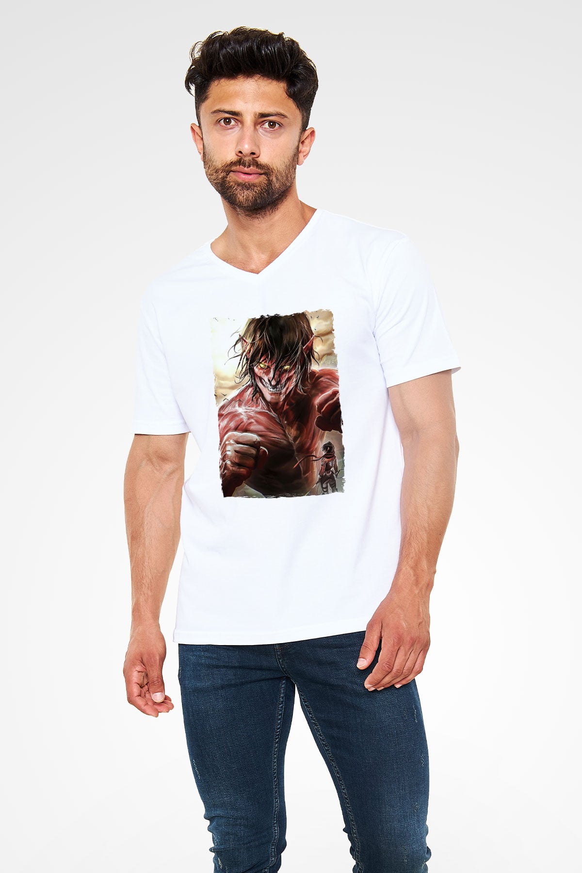 Attack On Titan Baskılı Beyaz Unisex V Yaka Tişört - Tshirt
