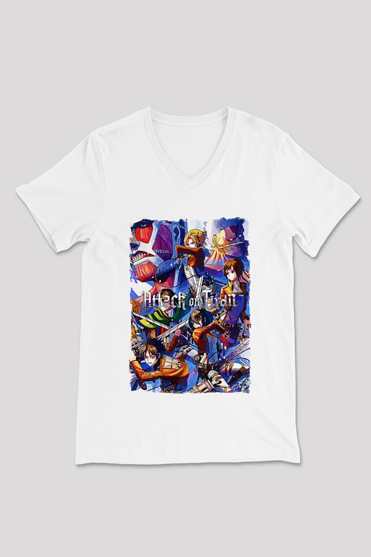 Attack On Titan Baskılı Beyaz Unisex V Yaka Tişört - Tshirt