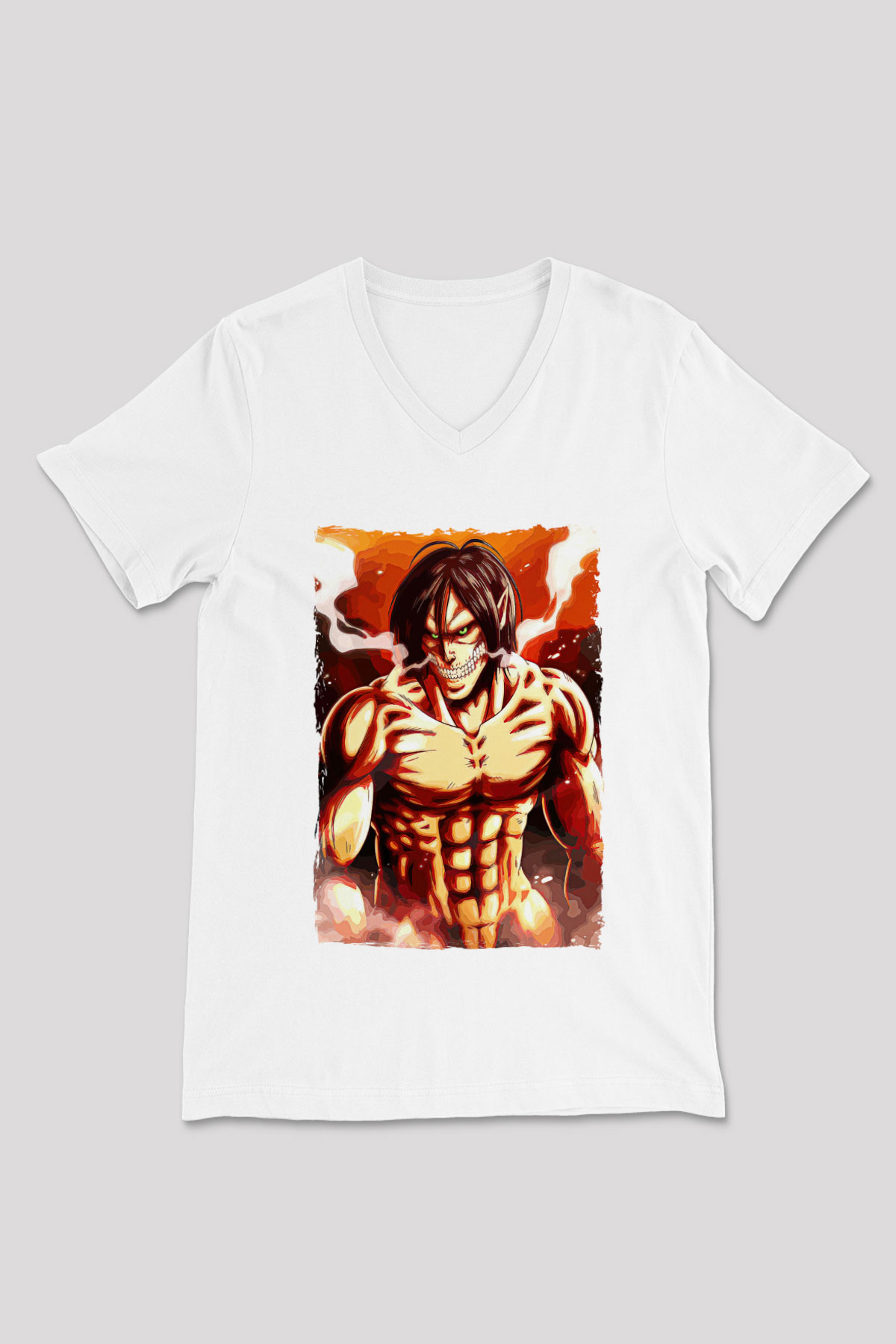 Attack On Titan Baskılı Beyaz Unisex V Yaka Tişört - Tshirt