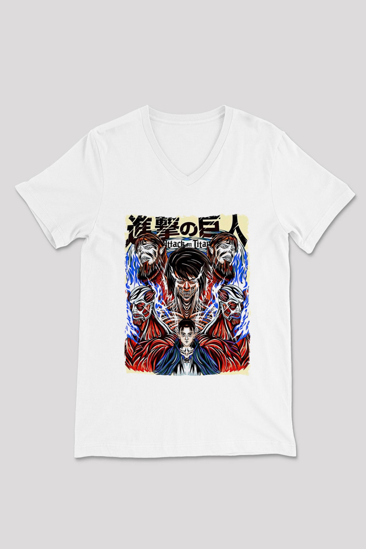 Attack On Titan Baskılı Beyaz Unisex V Yaka Tişört - Tshirt