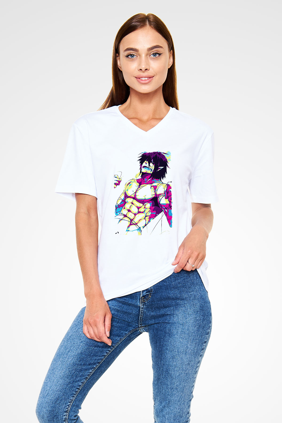 Attack On Titan Baskılı Beyaz Unisex V Yaka Tişört - Tshirt
