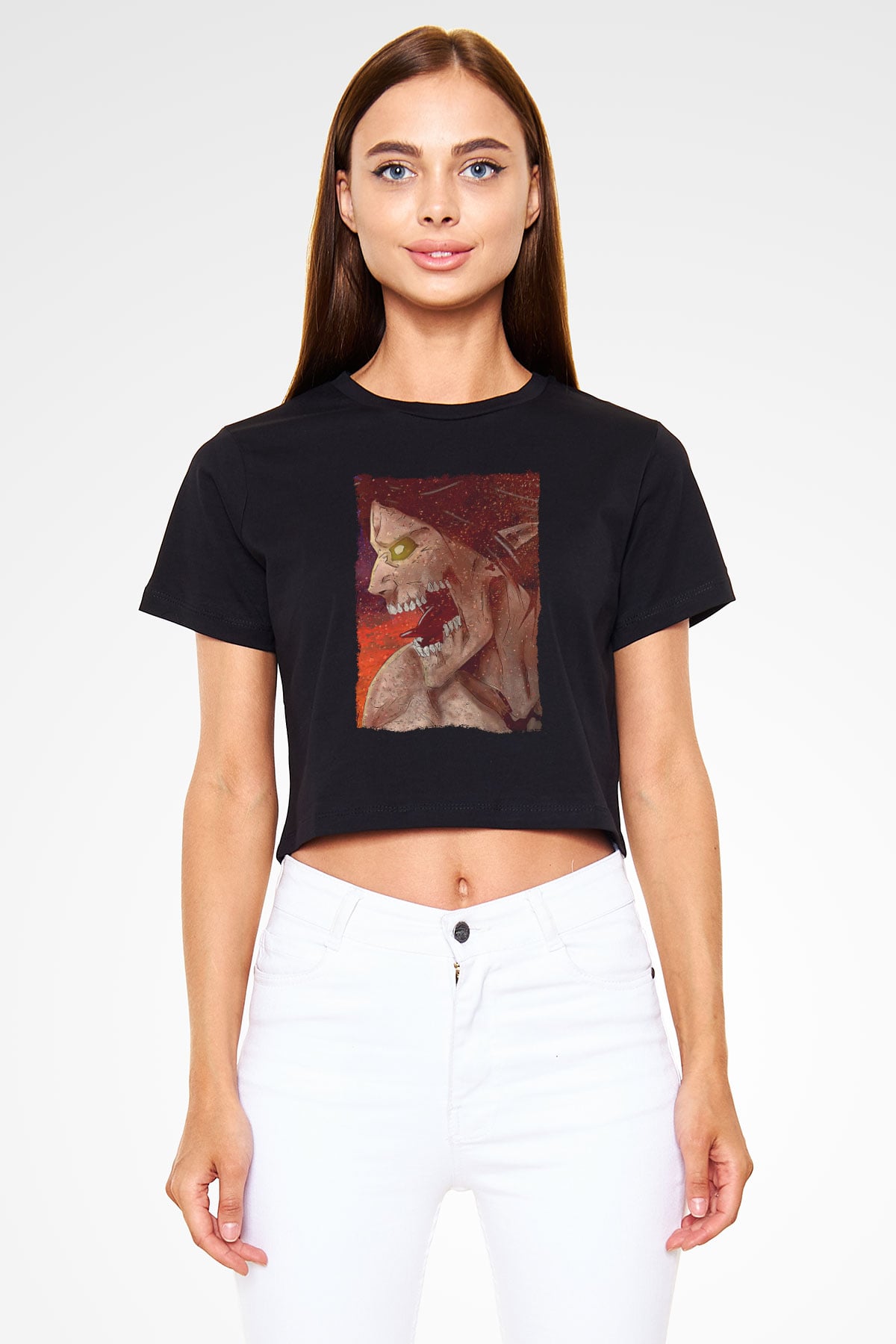 Attack On Titan Baskılı Siyah Crop Top Kadın Tişört - Tshirt