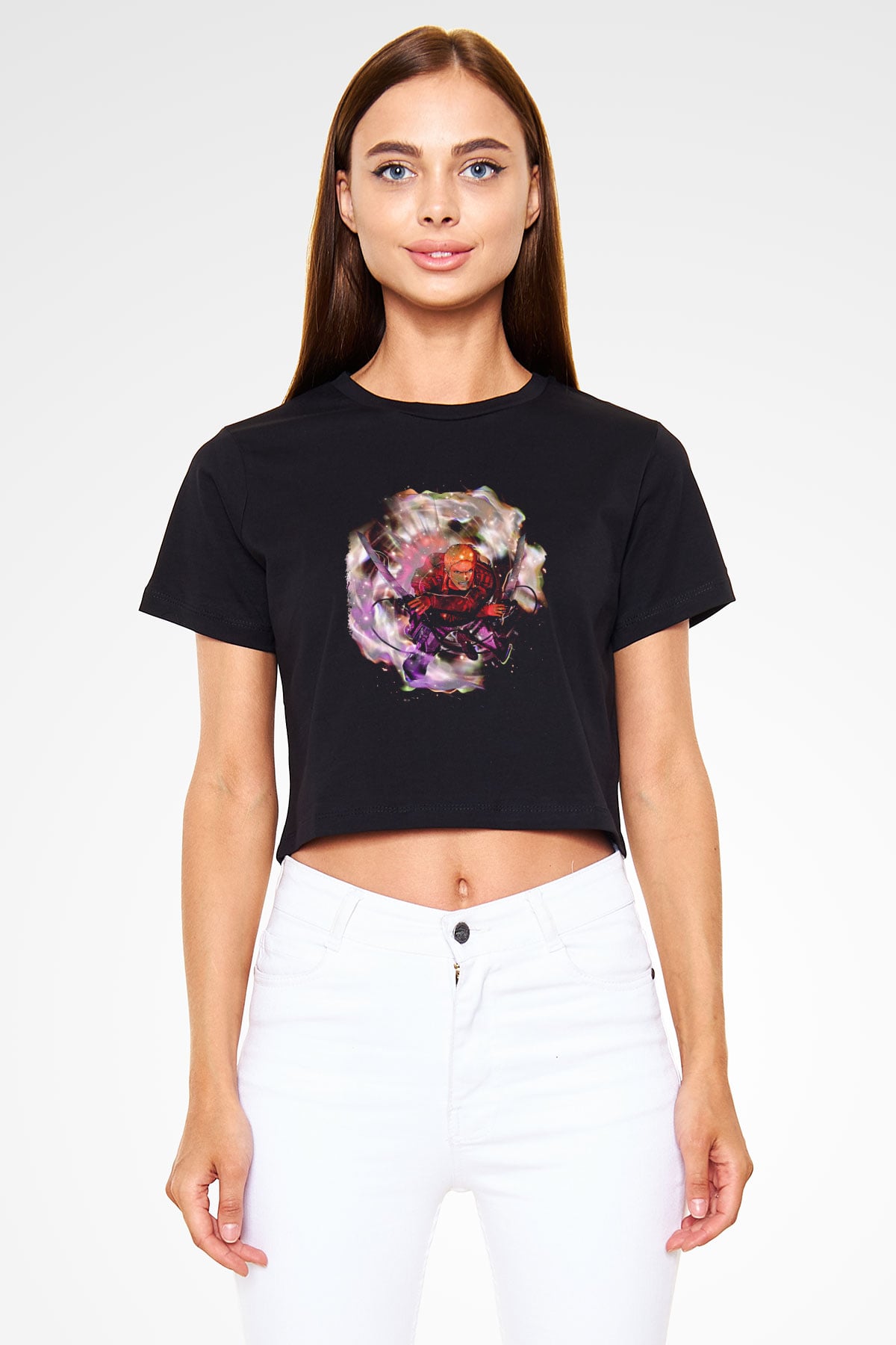 Attack On Titan Baskılı Siyah Crop Top Kadın Tişört - Tshirt