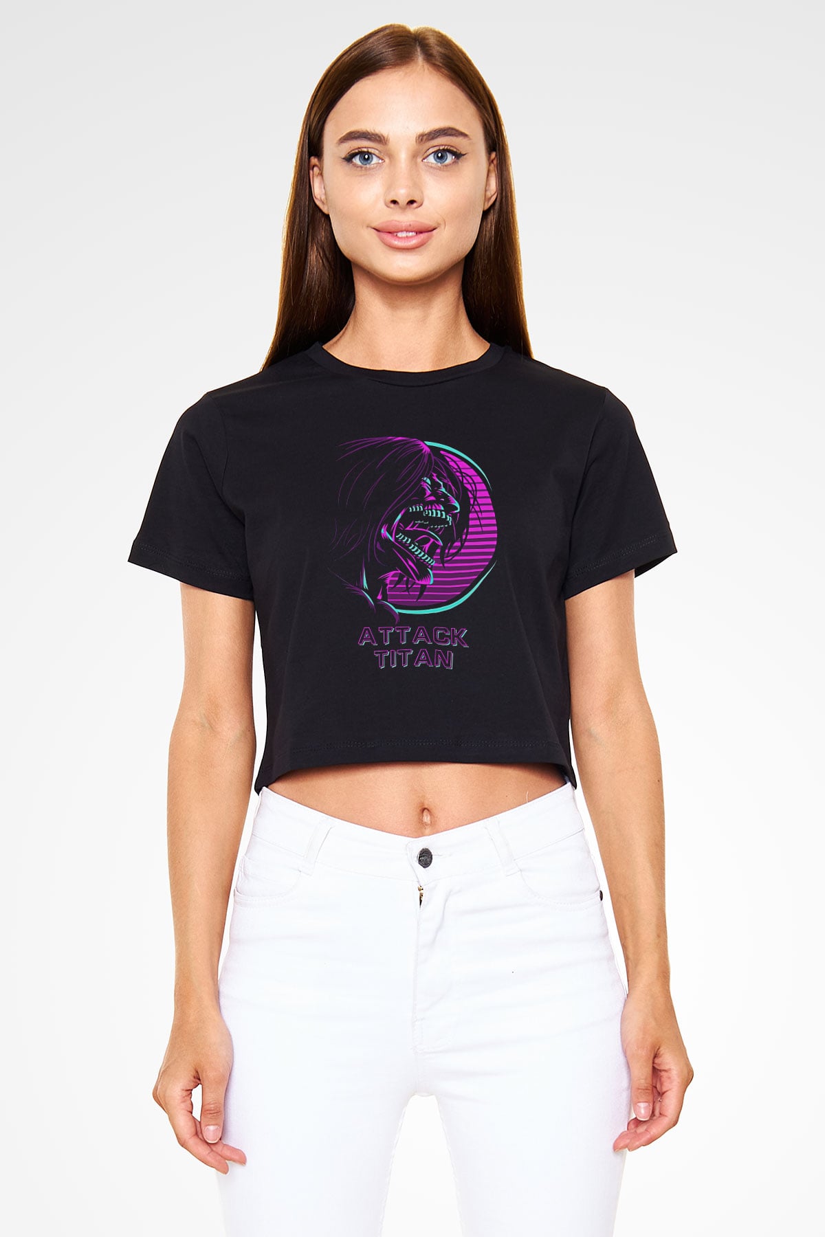 Attack On Titan Baskılı Siyah Crop Top Kadın Tişört - Tshirt