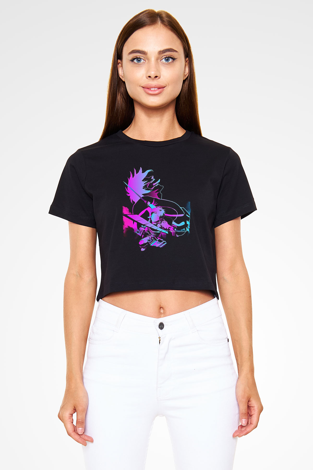Attack On Titan Baskılı Siyah Crop Top Kadın Tişört - Tshirt