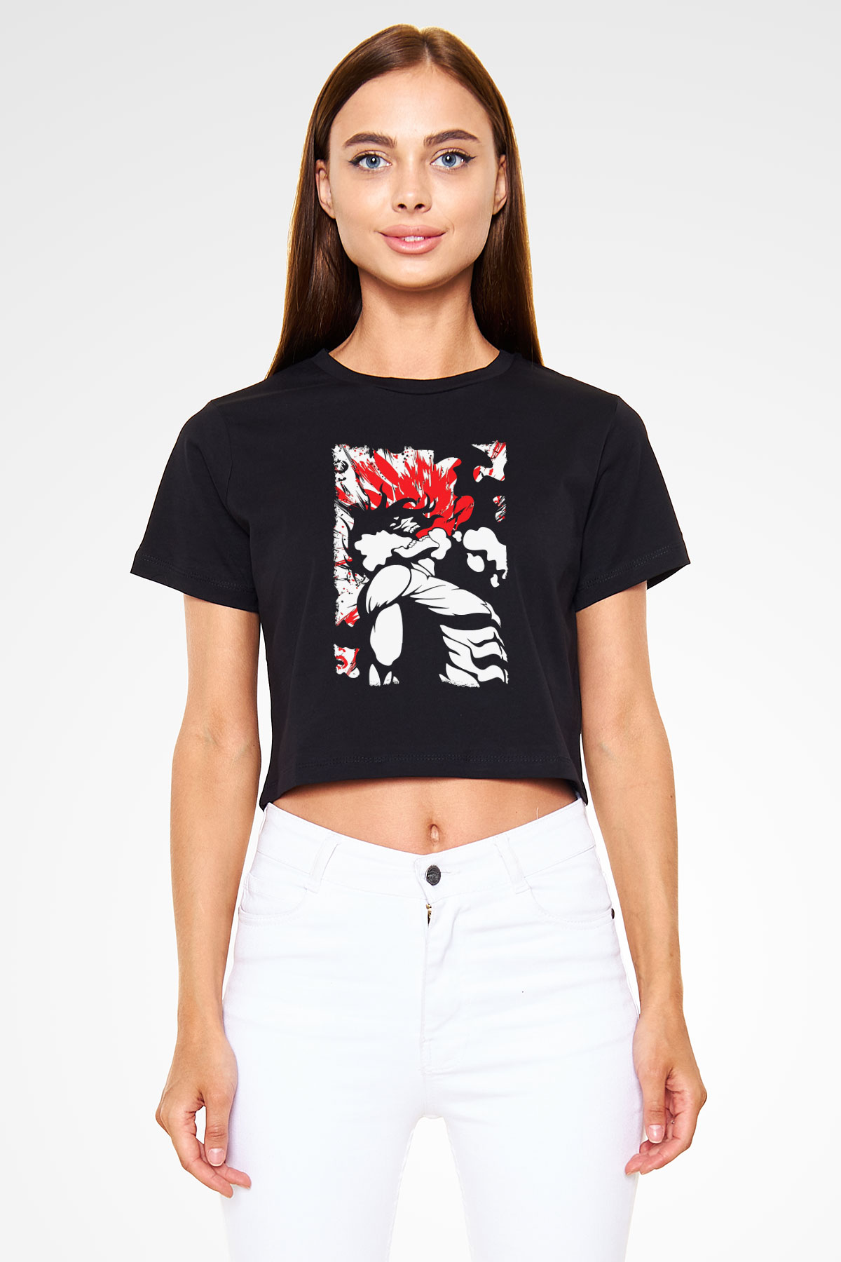 Attack On Titan Baskılı Siyah Crop Top Kadın Tişört - Tshirt