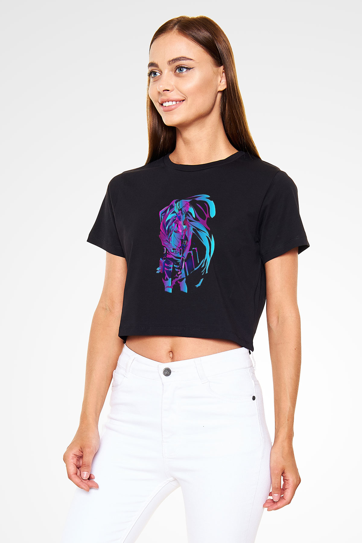 Attack On Titan Baskılı Siyah Crop Top Kadın Tişört - Tshirt