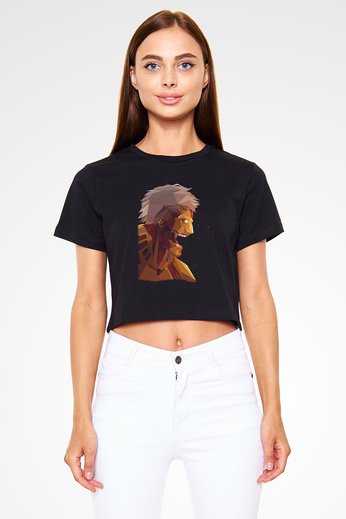 Attack On Titan Baskılı Siyah Crop Top Kadın Tişört - Tshirt