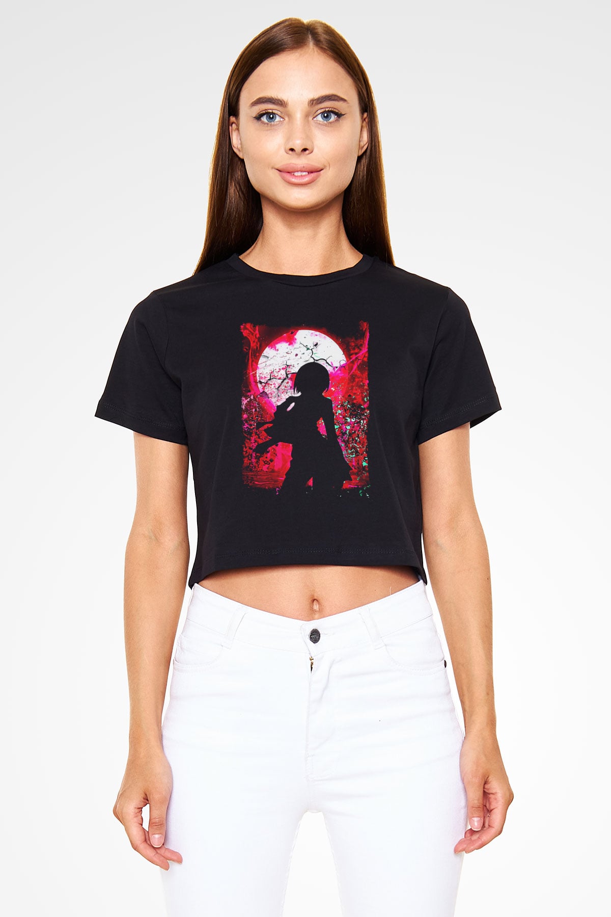 Attack On Titan Baskılı Siyah Crop Top Kadın Tişört - Tshirt