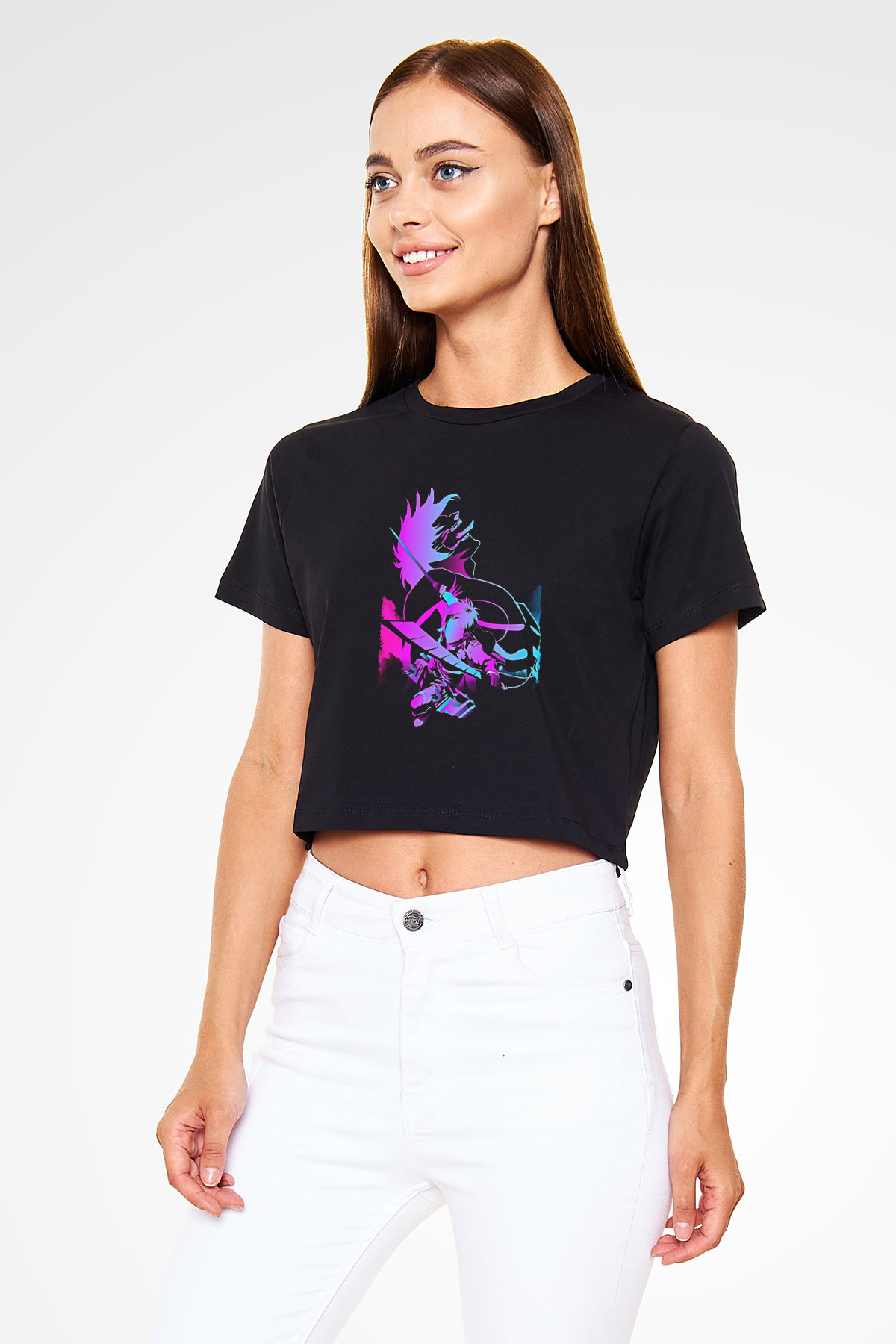 Attack On Titan Baskılı Siyah Crop Top Kadın Tişört - Tshirt