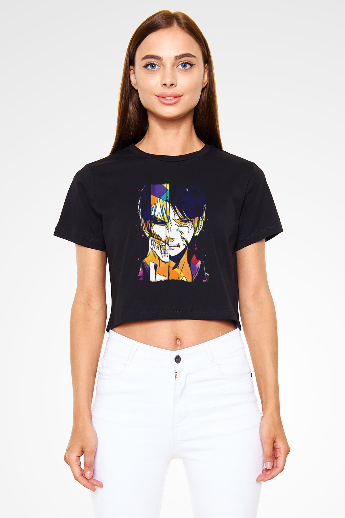 Attack On Titan Baskılı Siyah Crop Top Kadın Tişört - Tshirt