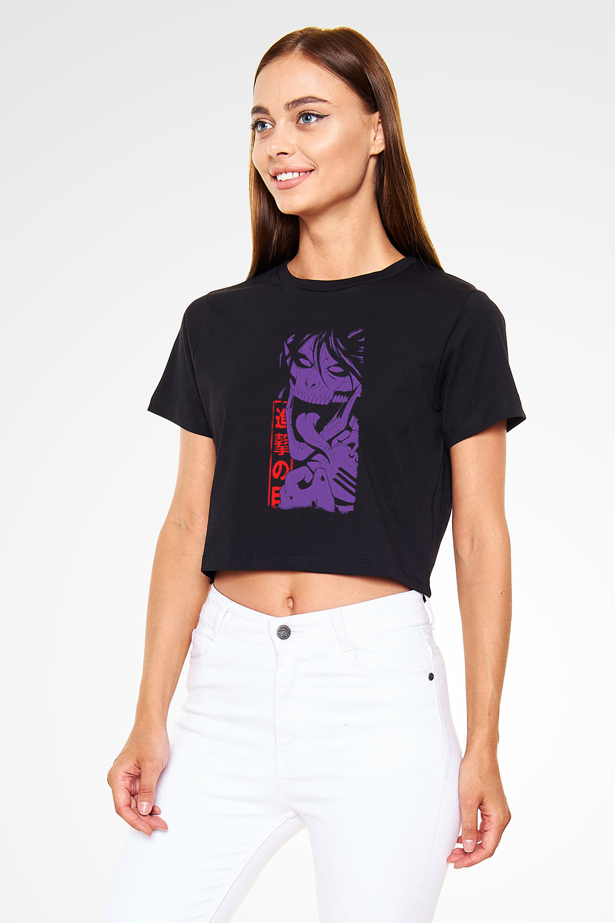 Attack On Titan Baskılı Siyah Crop Top Kadın Tişört - Tshirt
