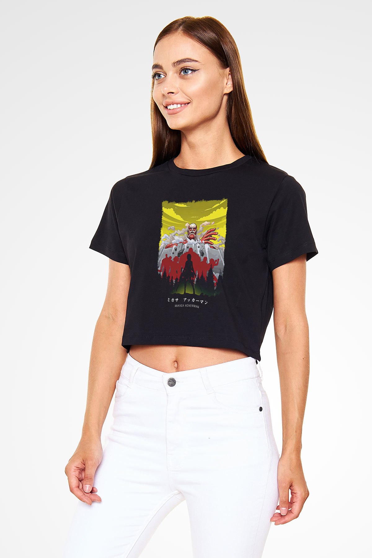 Attack On Titan Baskılı Siyah Crop Top Kadın Tişört - Tshirt