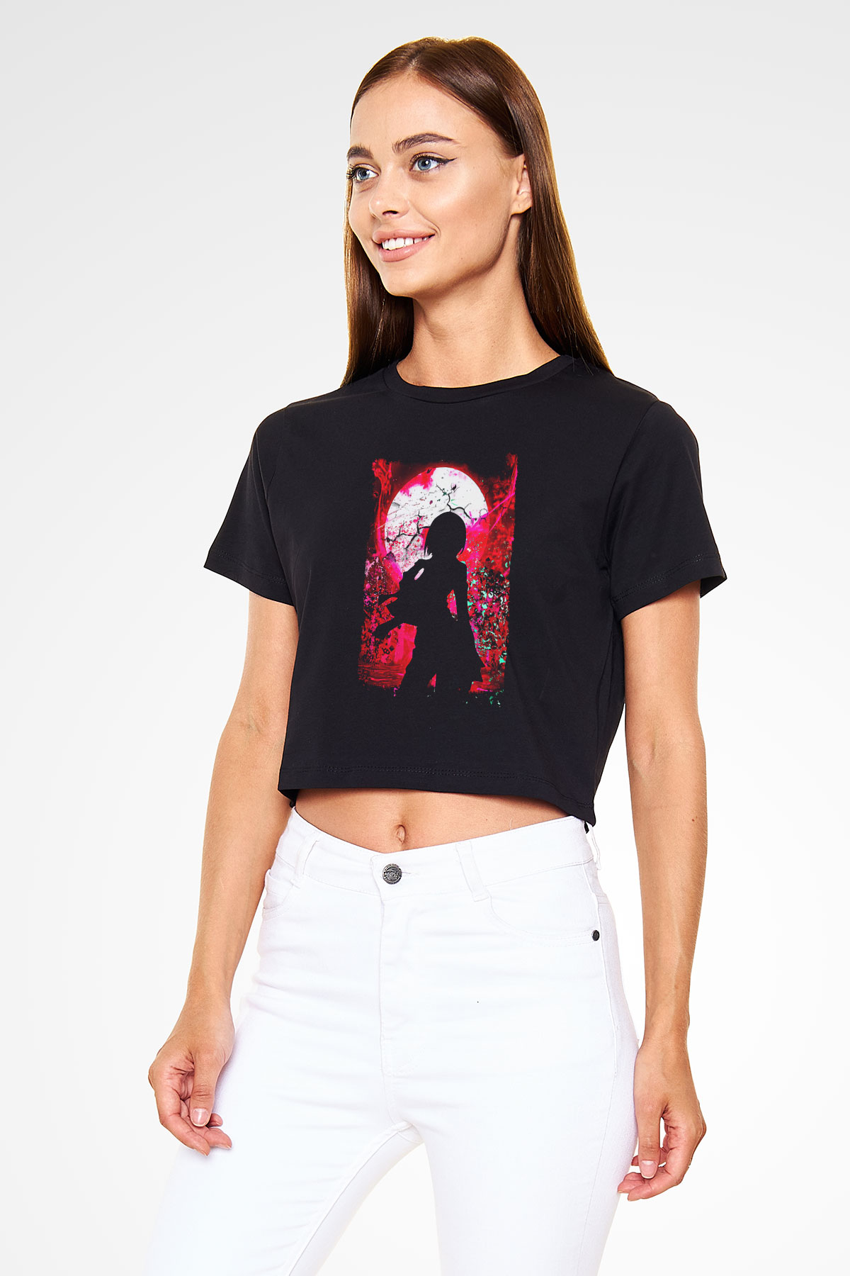 Attack On Titan Baskılı Siyah Crop Top Kadın Tişört - Tshirt