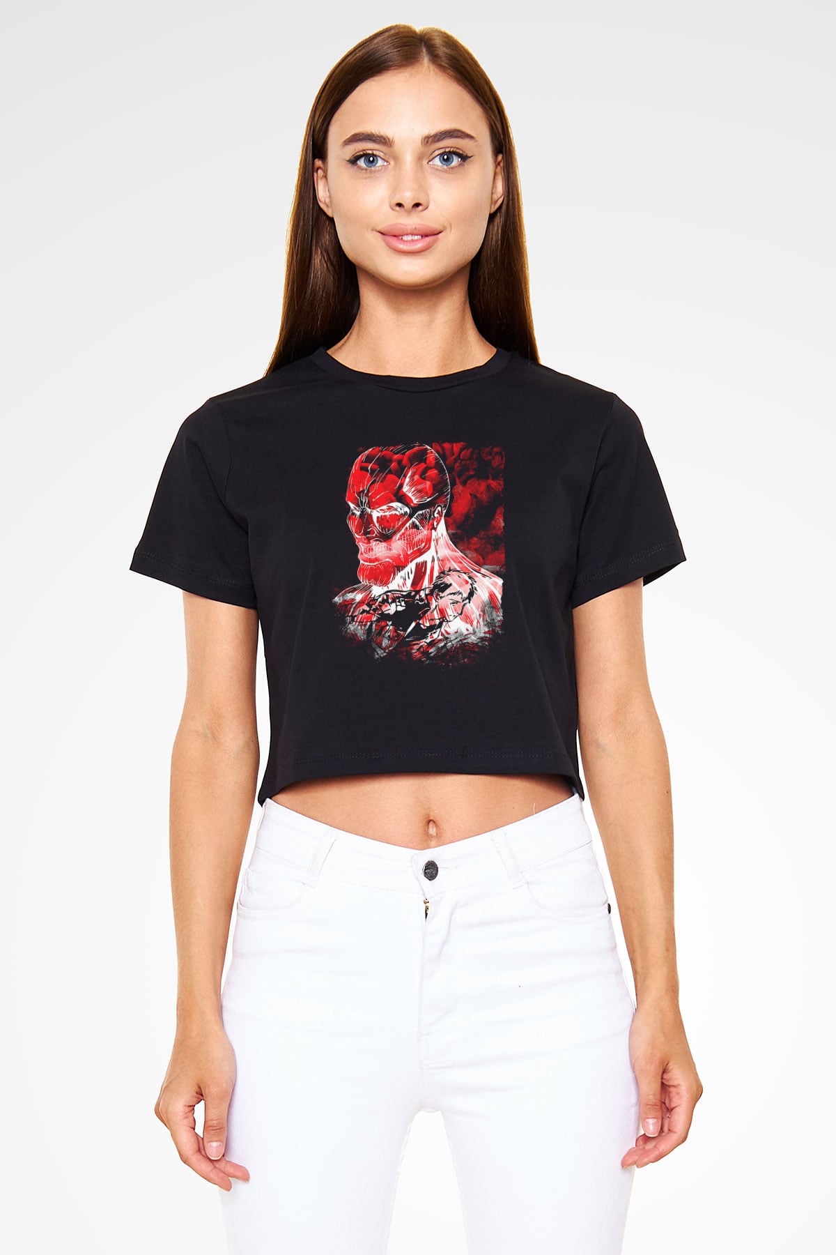 Attack On Titan Baskılı Siyah Crop Top Kadın Tişört - Tshirt