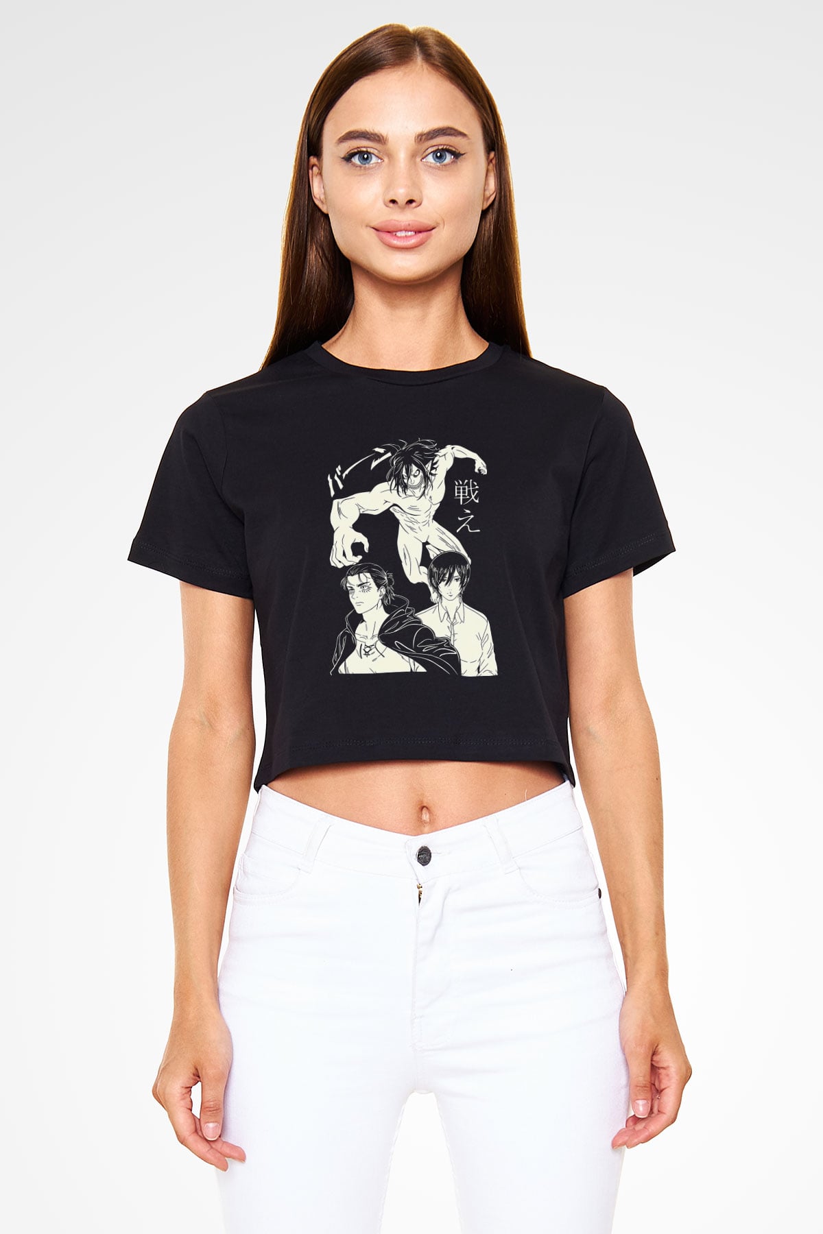 Attack On Titan Baskılı Siyah Crop Top Kadın Tişört - Tshirt