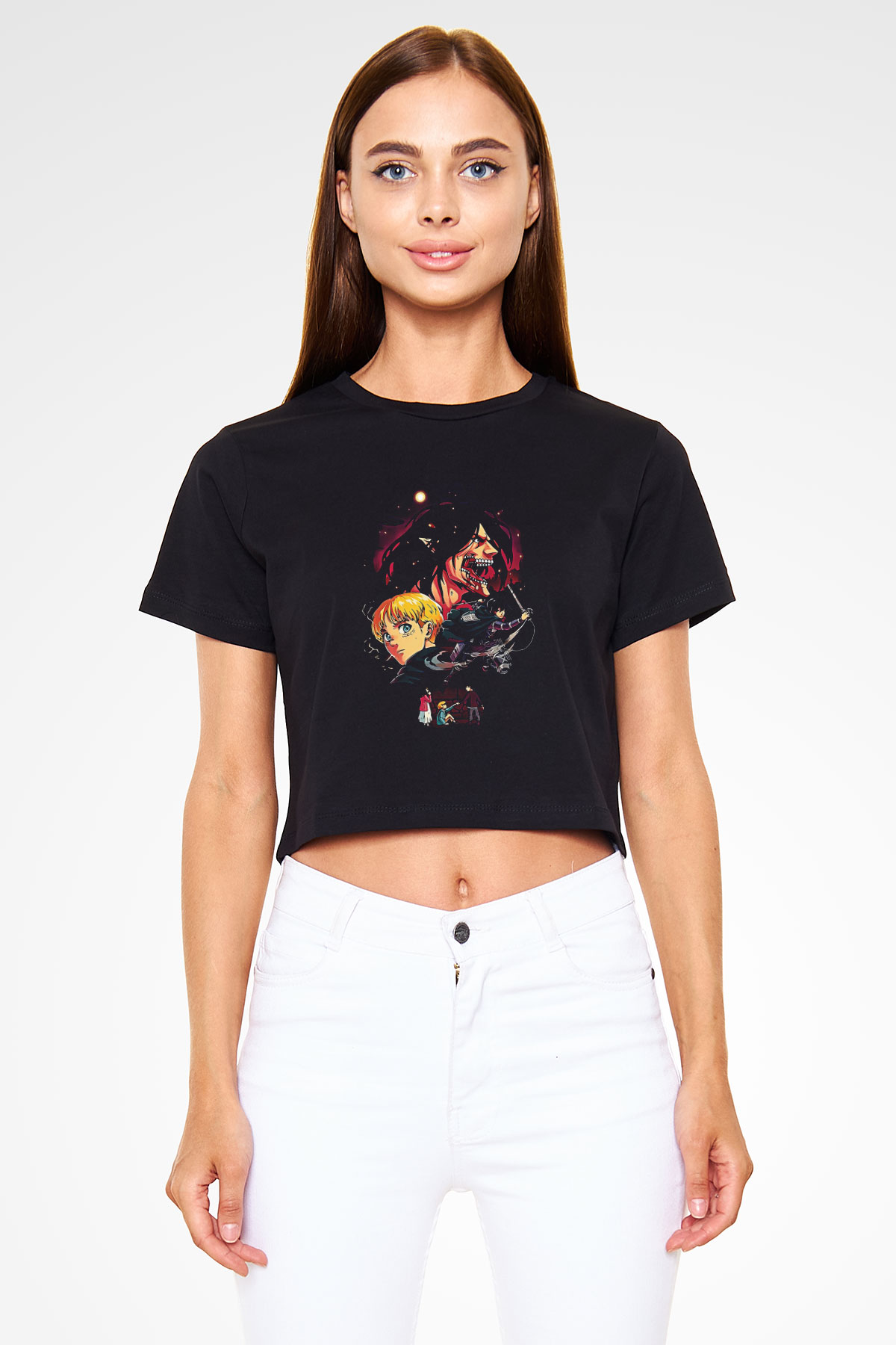 Attack On Titan Baskılı Siyah Crop Top Kadın Tişört - Tshirt