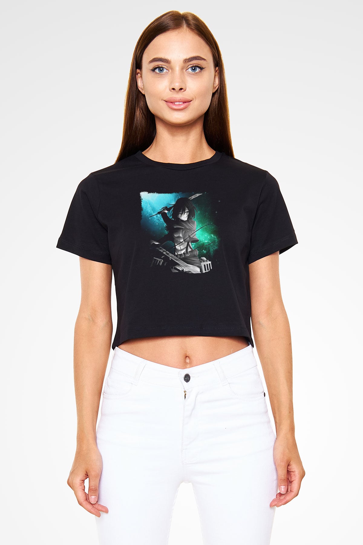 Attack On Titan Baskılı Siyah Crop Top Kadın Tişört - Tshirt