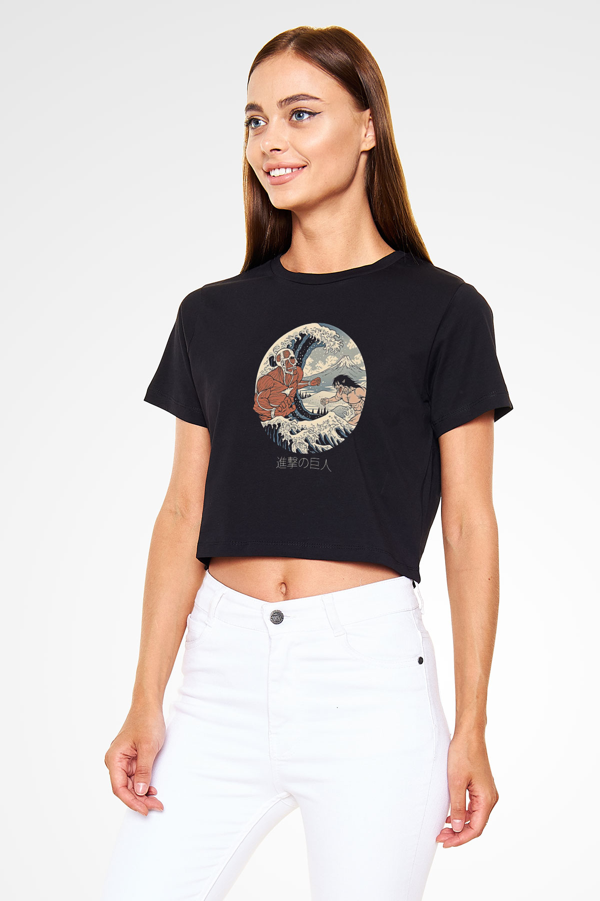 Attack On Titan Baskılı Siyah Crop Top Kadın Tişört - Tshirt