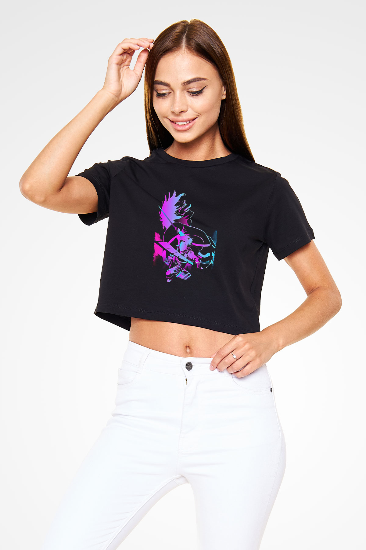 Attack On Titan Baskılı Siyah Crop Top Kadın Tişört - Tshirt
