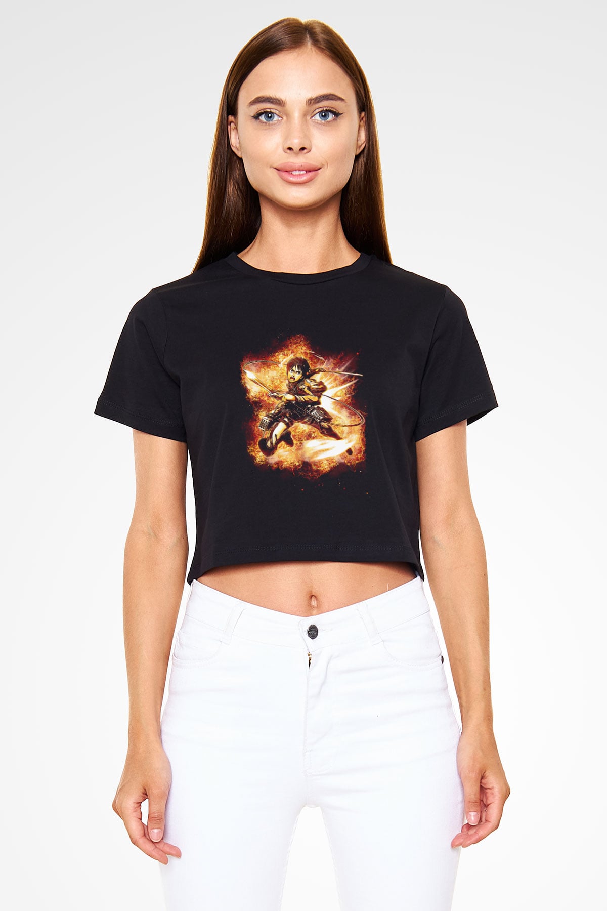 Attack On Titan Baskılı Siyah Crop Top Kadın Tişört - Tshirt
