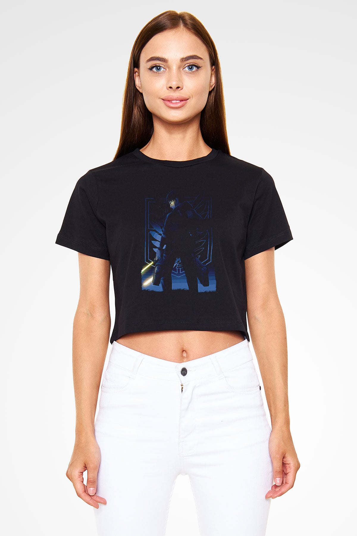 Attack On Titan Baskılı Siyah Crop Top Kadın Tişört - Tshirt