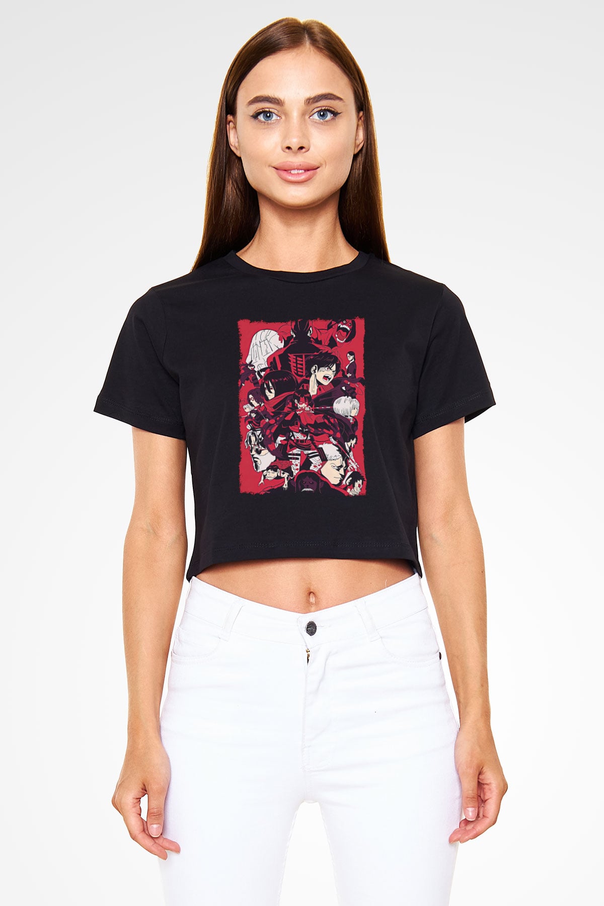 Attack On Titan Baskılı Siyah Crop Top Kadın Tişört - Tshirt