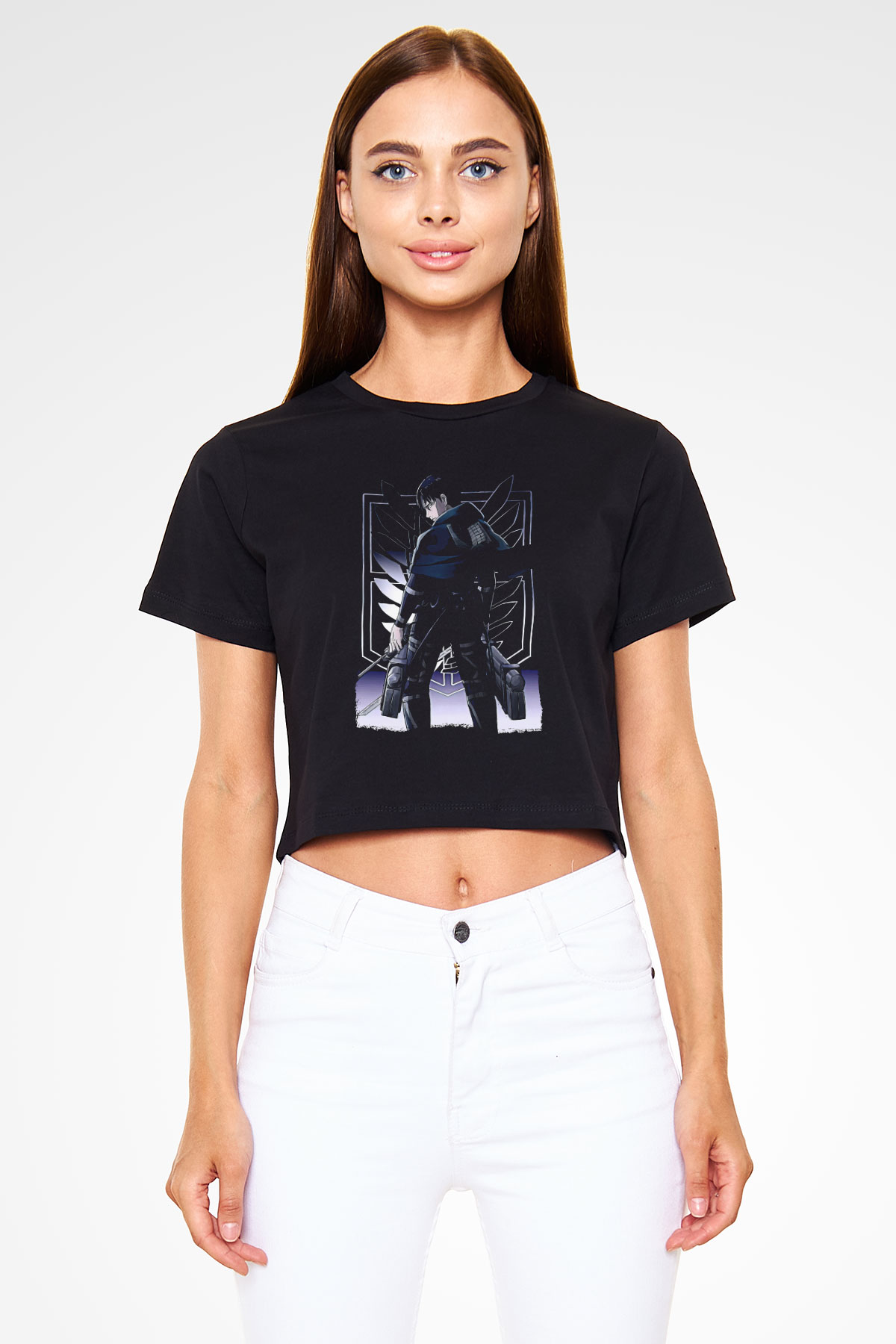 Attack On Titan Baskılı Siyah Crop Top Kadın Tişört - Tshirt