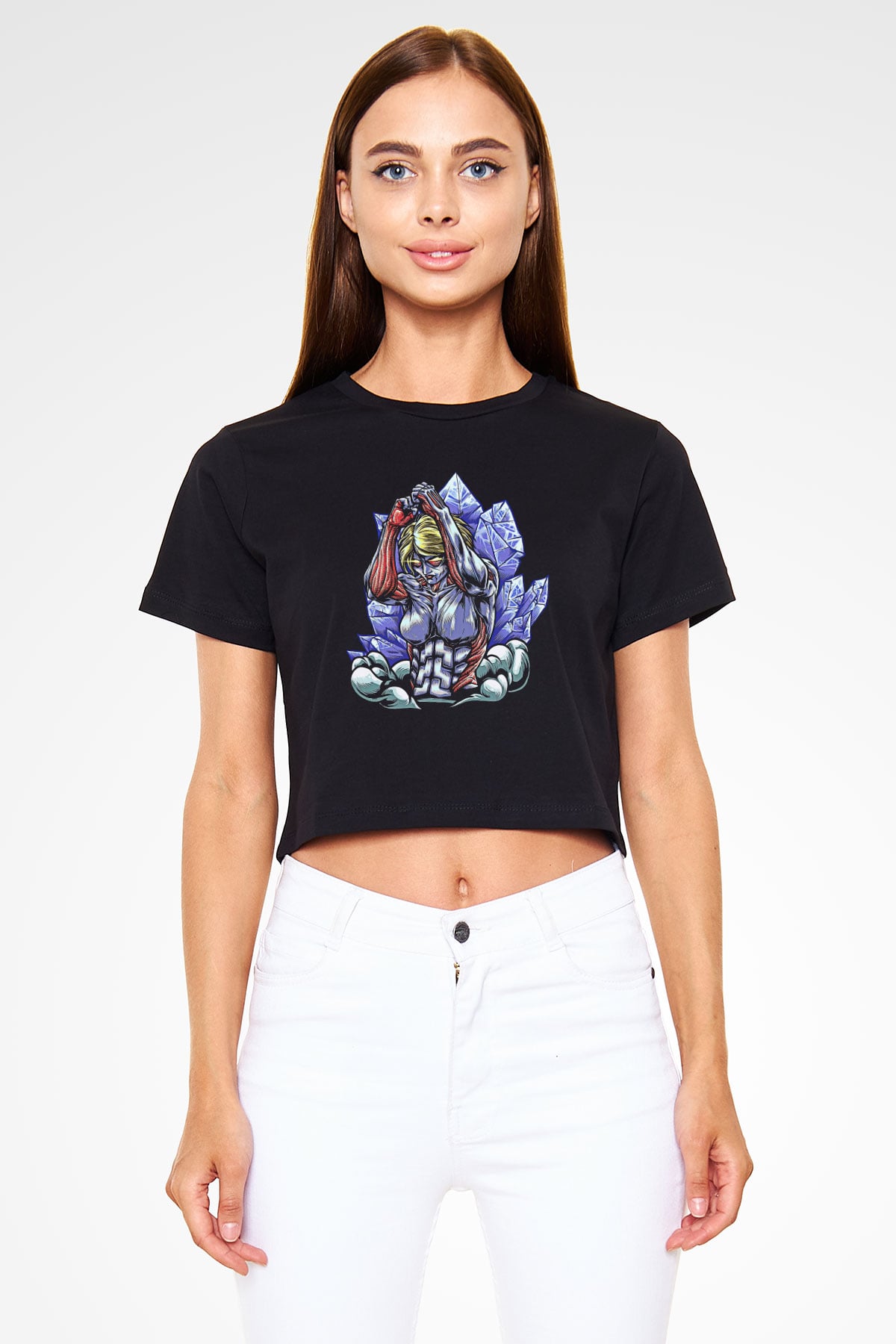 Attack On Titan Baskılı Siyah Crop Top Kadın Tişört - Tshirt