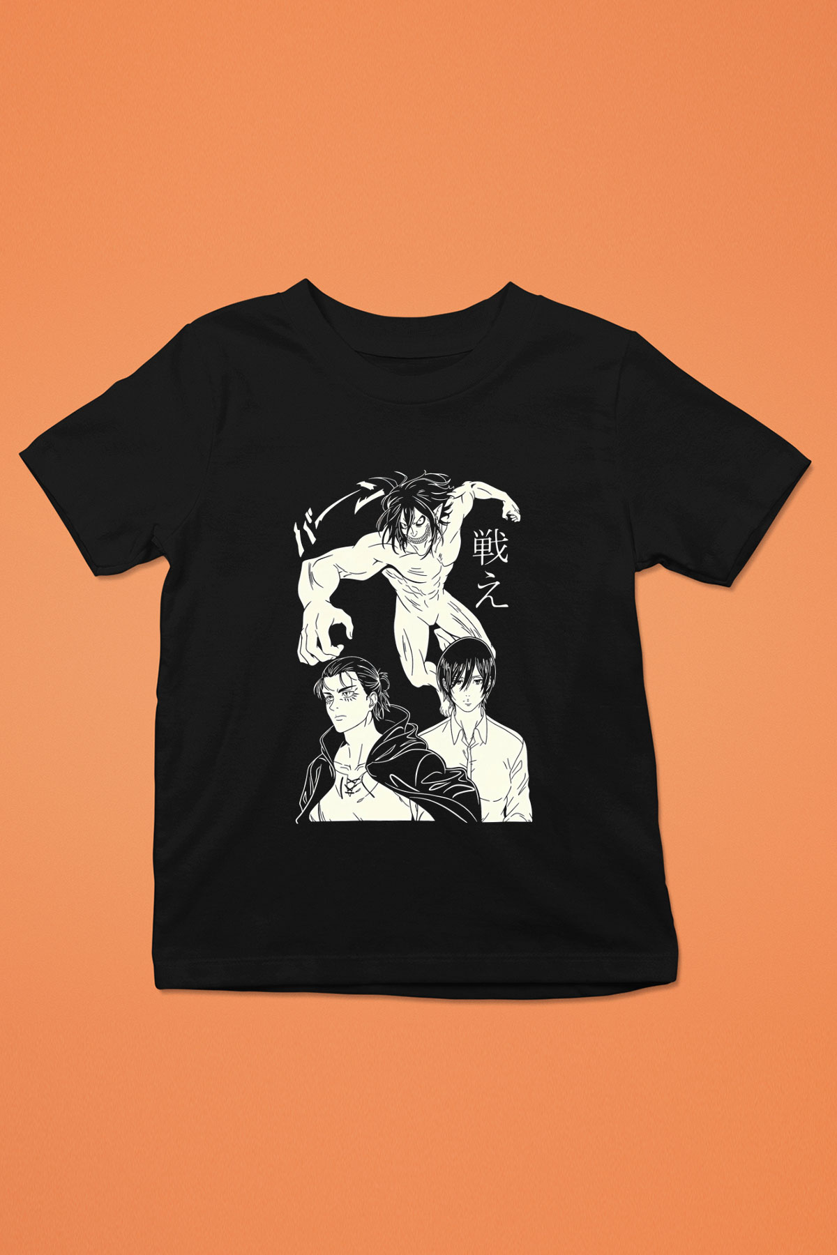Attack On Titan Baskılı Unisex Siyah Çocuk Tişört - Tshirt