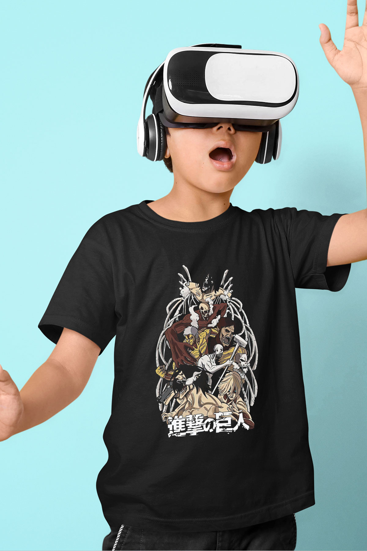 Attack On Titan Baskılı Unisex Siyah Çocuk Tişört - Tshirt