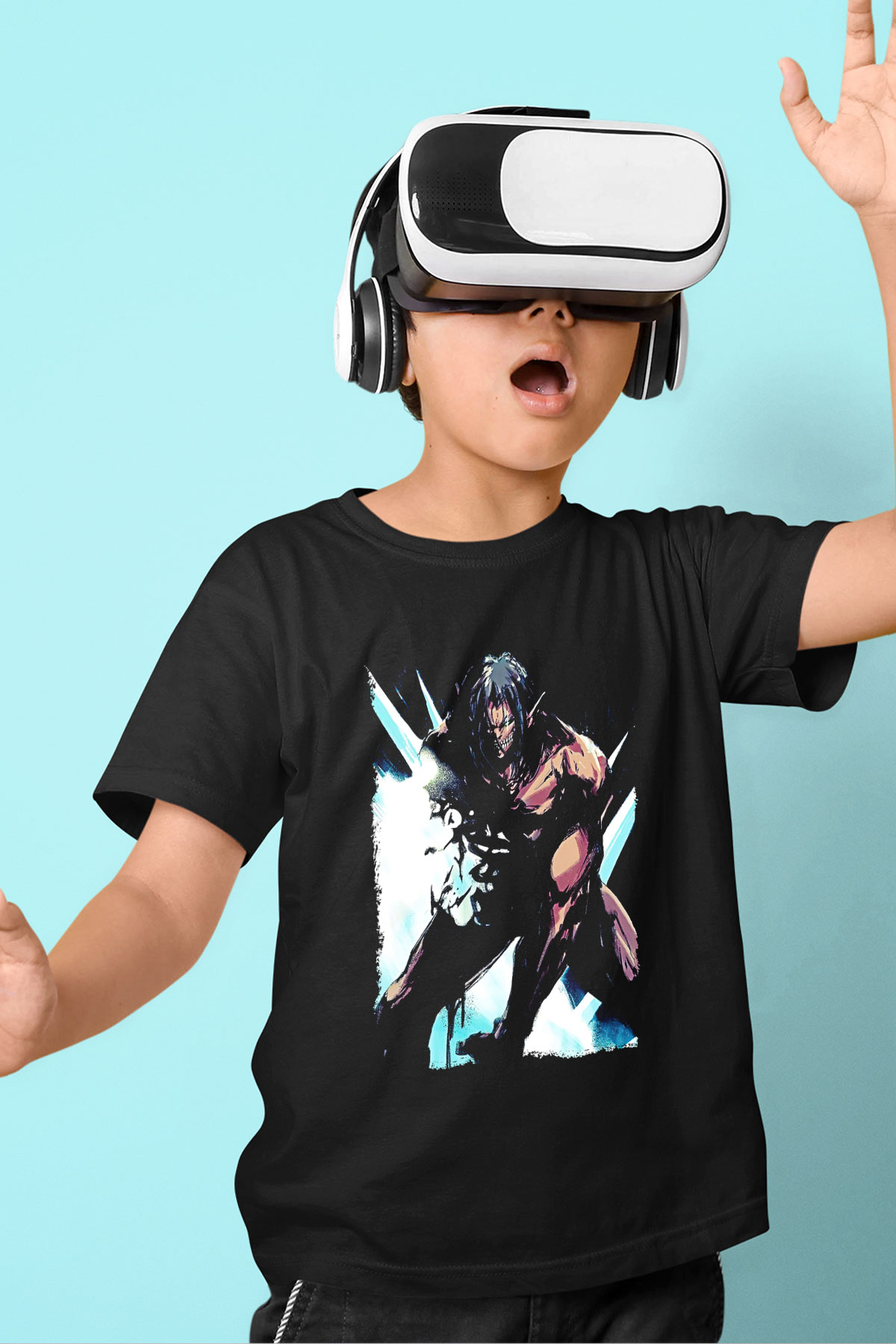 Attack On Titan Baskılı Unisex Siyah Çocuk Tişört - Tshirt