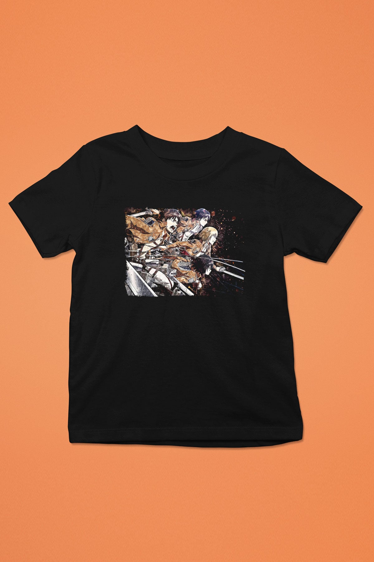 Attack On Titan Baskılı Unisex Siyah Çocuk Tişört - Tshirt
