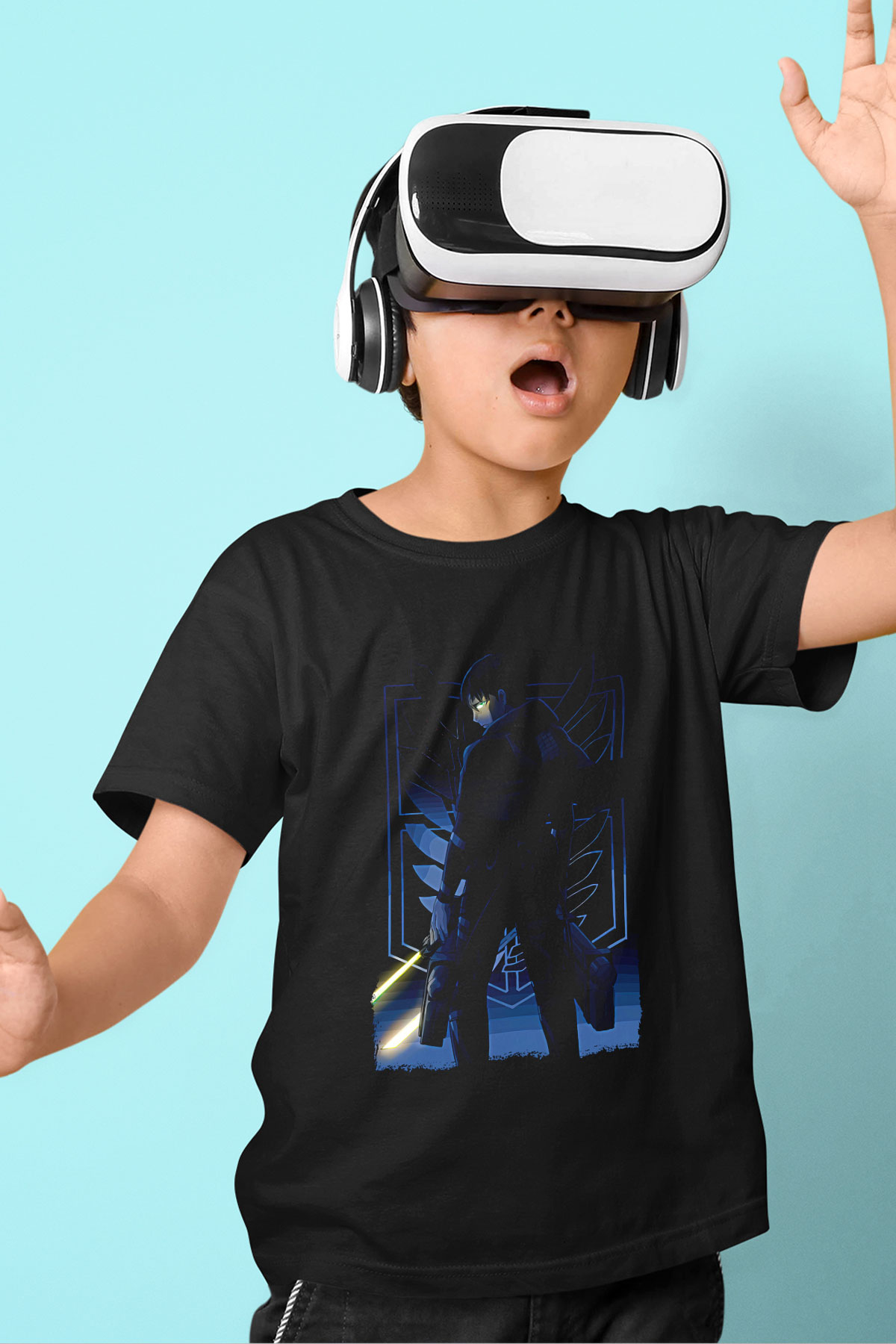 Attack On Titan Baskılı Unisex Siyah Çocuk Tişört - Tshirt